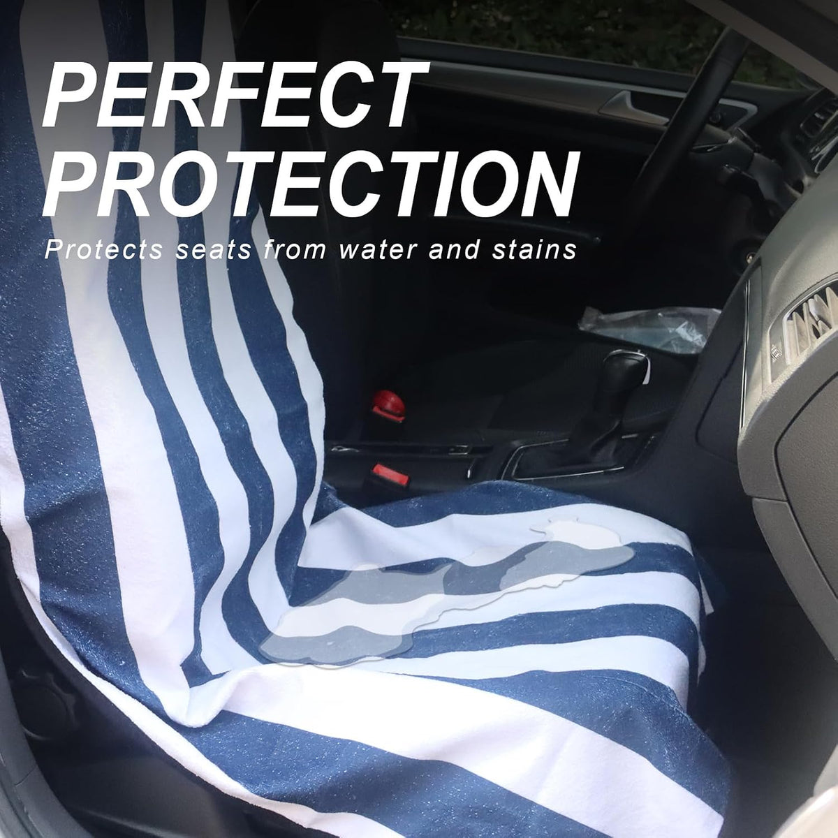Sweat Towel Car Seat Cover Protector Front Seats for Gym Workout, Running, Swimming, Beach and Hiking, Waterproof Universal Seat Cover for Car, Trucks, Van & SUV (1, White/Blue Stripe, Front)
