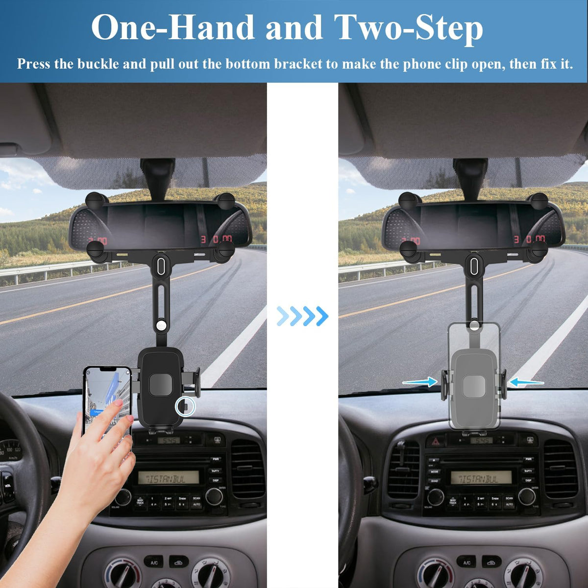 Car Phone Holder Mount, Rear View Mirror Phone Holder, Rotatable and Retractable Phone Holders for Your Car Compatible with iPhone Samsung All 4-7 Inch Cell Phones