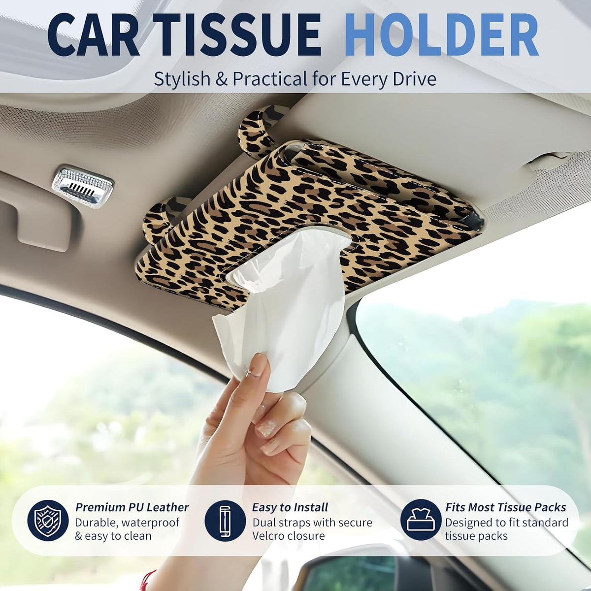 Car Tissue Holder, Cute Sun Visor Napkin Holder Backseat Tissue Case, PU Leather Tissue Box, Funny Car Accessories for Women Men Luxury Brown Leopard