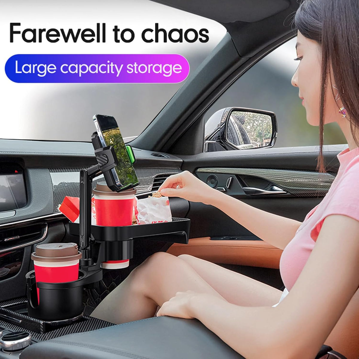 Car Cup Holder Multifunctional Cup Holder Expander with ° Rotation Tray Mobile Phone Holder Adjustable Base to Front Back Seat Organizer (Size L)