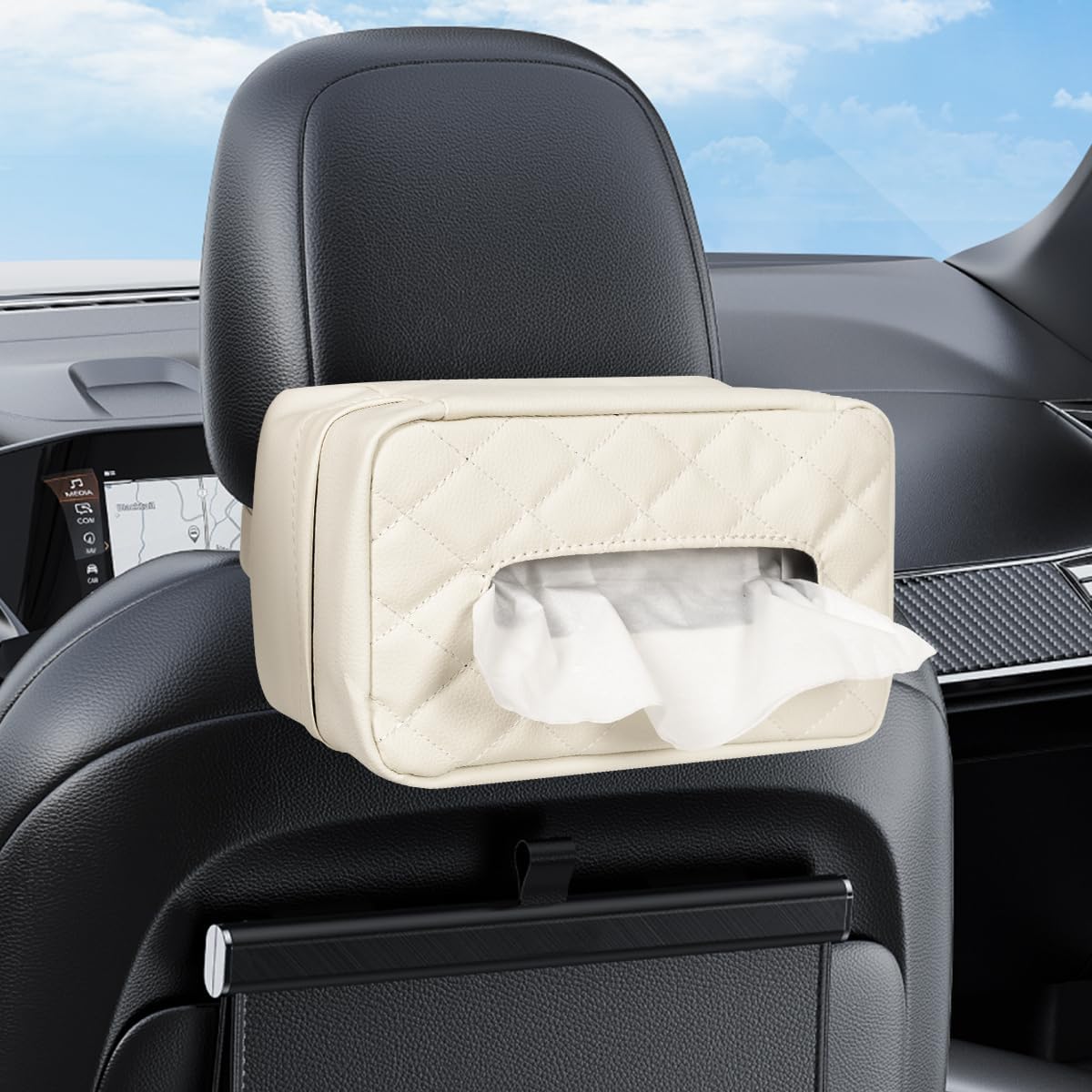 Car Tissue Holder - Standard Pu Leather Napkin Holder for Backseat, Extra Large Organization Fits 120-230 Tissues Per Box, 9.84'' X 4.72'' X 5.91'', Beige