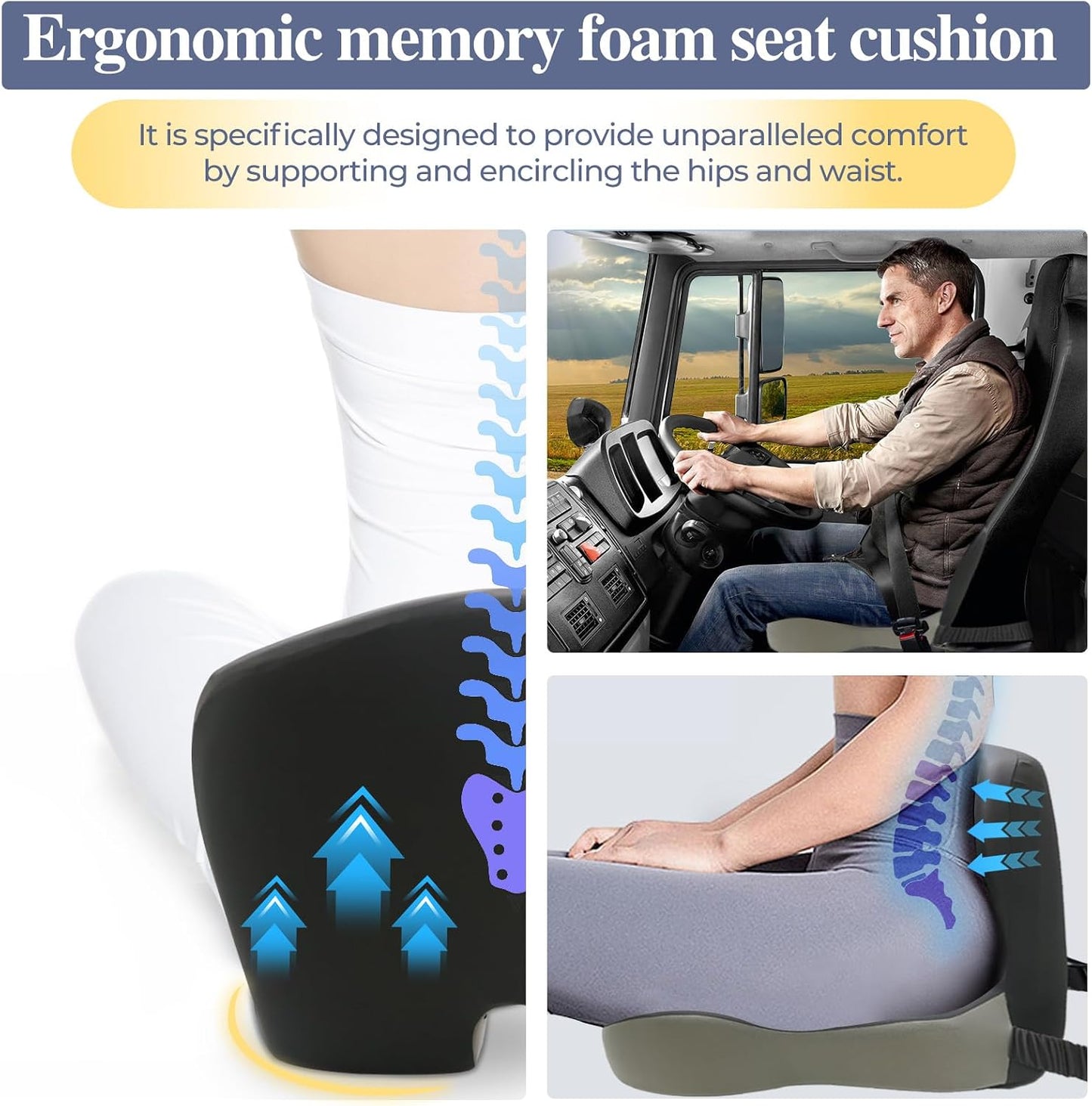 Memory Foam Seat Cushion for Sciatica & Back Pain Relief - Ergonomic Chair Pad with Adjustable Strap & Supportive Comfort Cover, Non-Slip for Car, Truck, Office Chair - Dark Gray&Light Gray