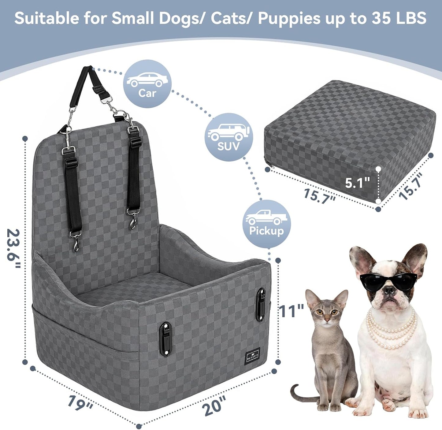 PETSFIT Dog Car Seat for Small/Medium Dogs Up to 35 lbs – Patented Safety System, 5" Memory Foam Pet Booster Car Seat, Fully Detachable and Washable Dog Carseat with 2 Storage Pockets (Grey)