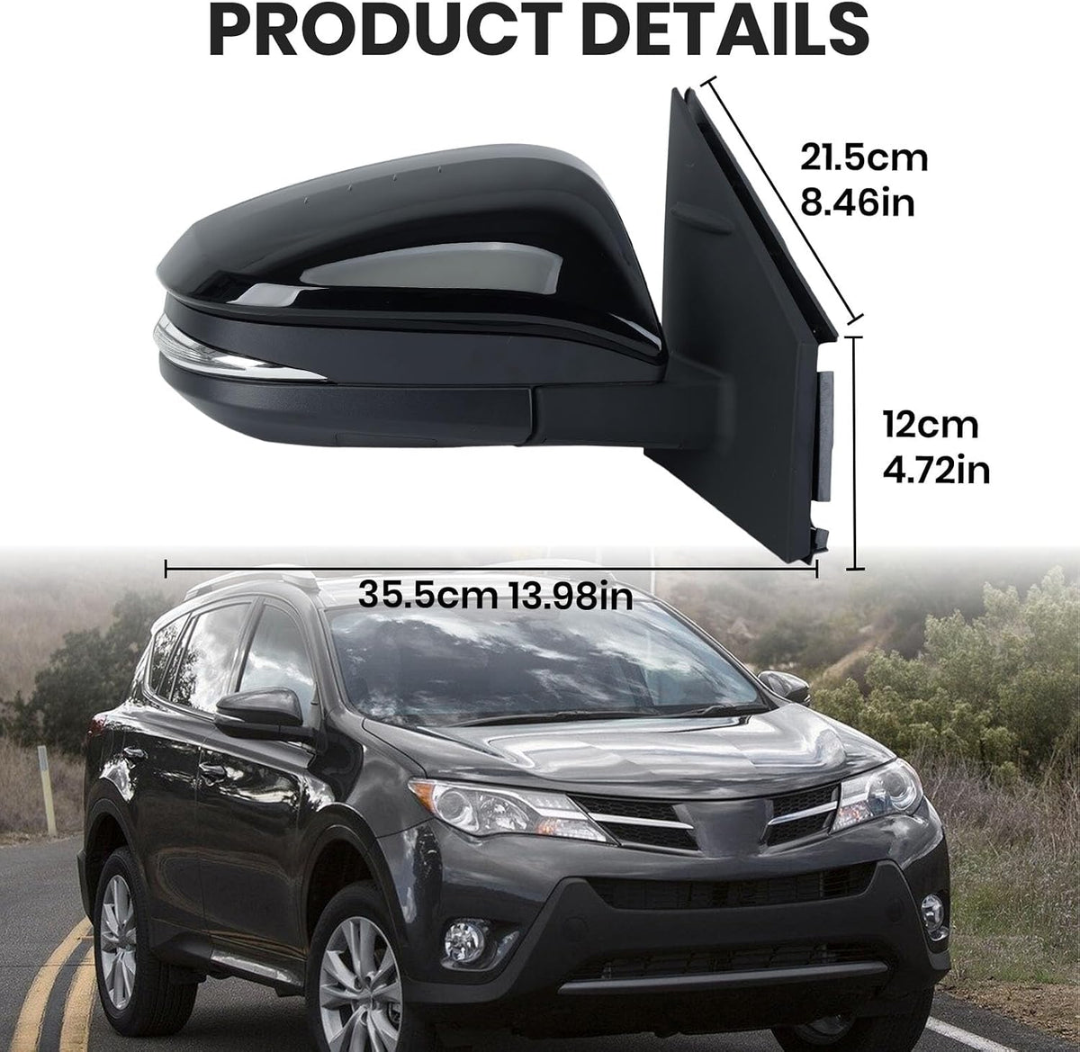 Right Passenger Side Mirror Compatible with Toyota RAV4 2013-2018 Heated with Blind Spot Detection with Turn Signal Light Power Glass Manual Folding 8 Pins Black