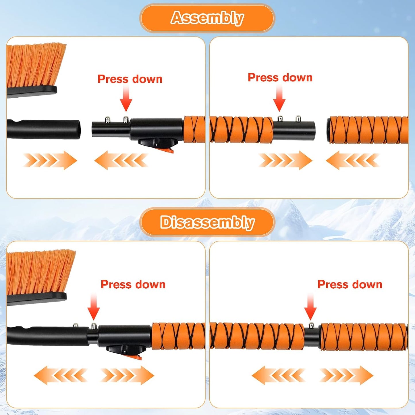 Showvigor Extendable Snow Brush and Ice Scraper for Car, 30"-35"-39" Adjustable Long Handle & 4.3" Ice Chipper, 360° Pivoting Brush Head & Comfortable Antiskid Grip