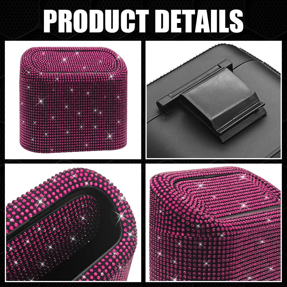 Bling Car Trash Can with Lid, Sparkly Rhinestone Auto Hanging Dustbin, Leakproof Plastic Auto Flip-Top Trash Bin, Bling Litter Container Organizer Box for Car, Home, Office and More (Pink)