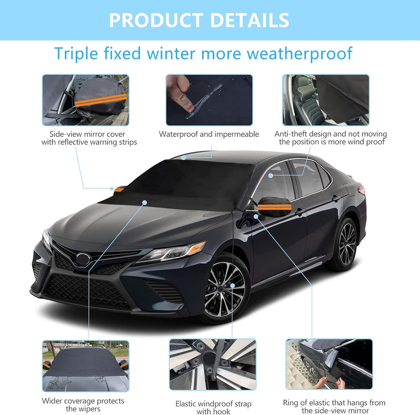 Windshield Cover for Ice and Snow, Car Windshield Snow Cover with Side Mirrors Cover, Thicken Winter Windshield Covers Waterproof Outdoor Covers Fits Most Cars SUVs and Vans (75"x47")