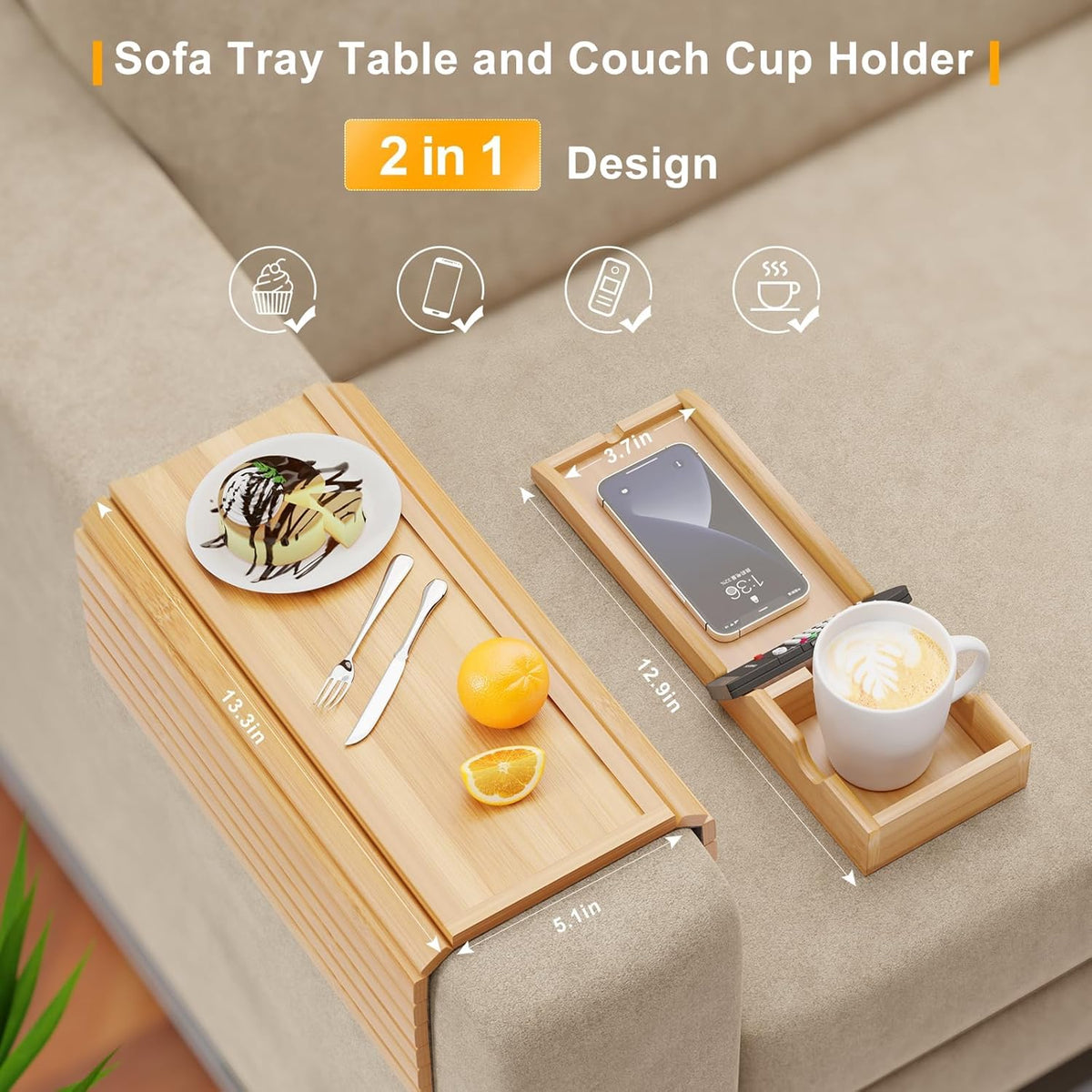 Bestjing Bamboo Couch Armrest Table with Cup Holder Tray