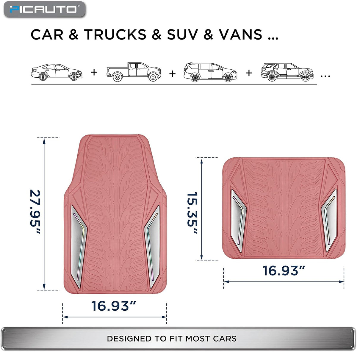 PIC AUTO Pink Rubber Floor Mats, Silver Aluminum Film with Colorful Piping Floor Mats for Cars, Car Mats with Non-Slip Backing, All-Weather, Trim-to-Fit Liner for Cars, SUVs, Trucks, Vehicles