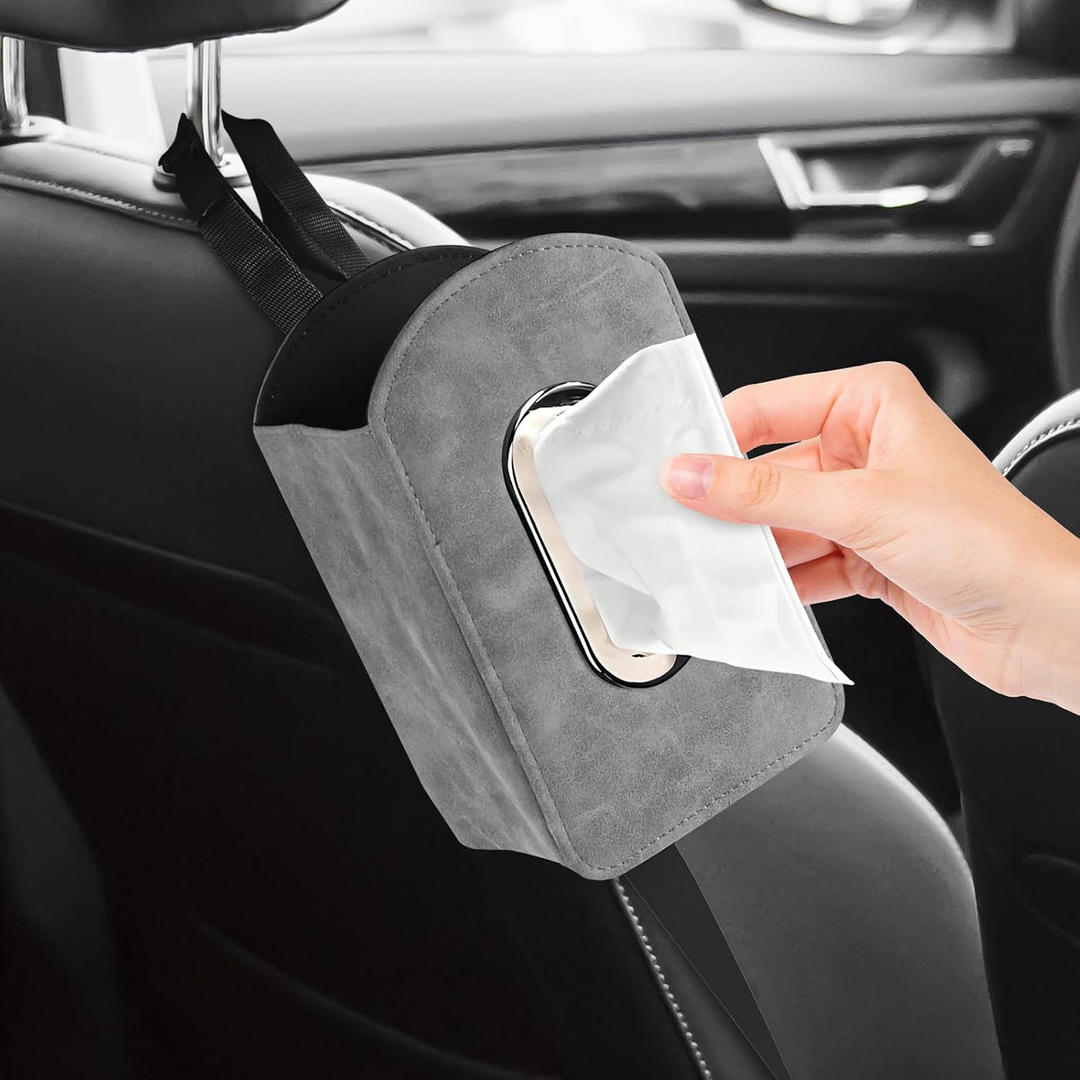 Car Seat Side Tissue Holder, Rectangular Leather Hanging Tissue Box Cover for Cars Front Seats, Automotive Seat Storage Organizer for Phone, Stuff, Universal Interior Car Accessories (Gray)
