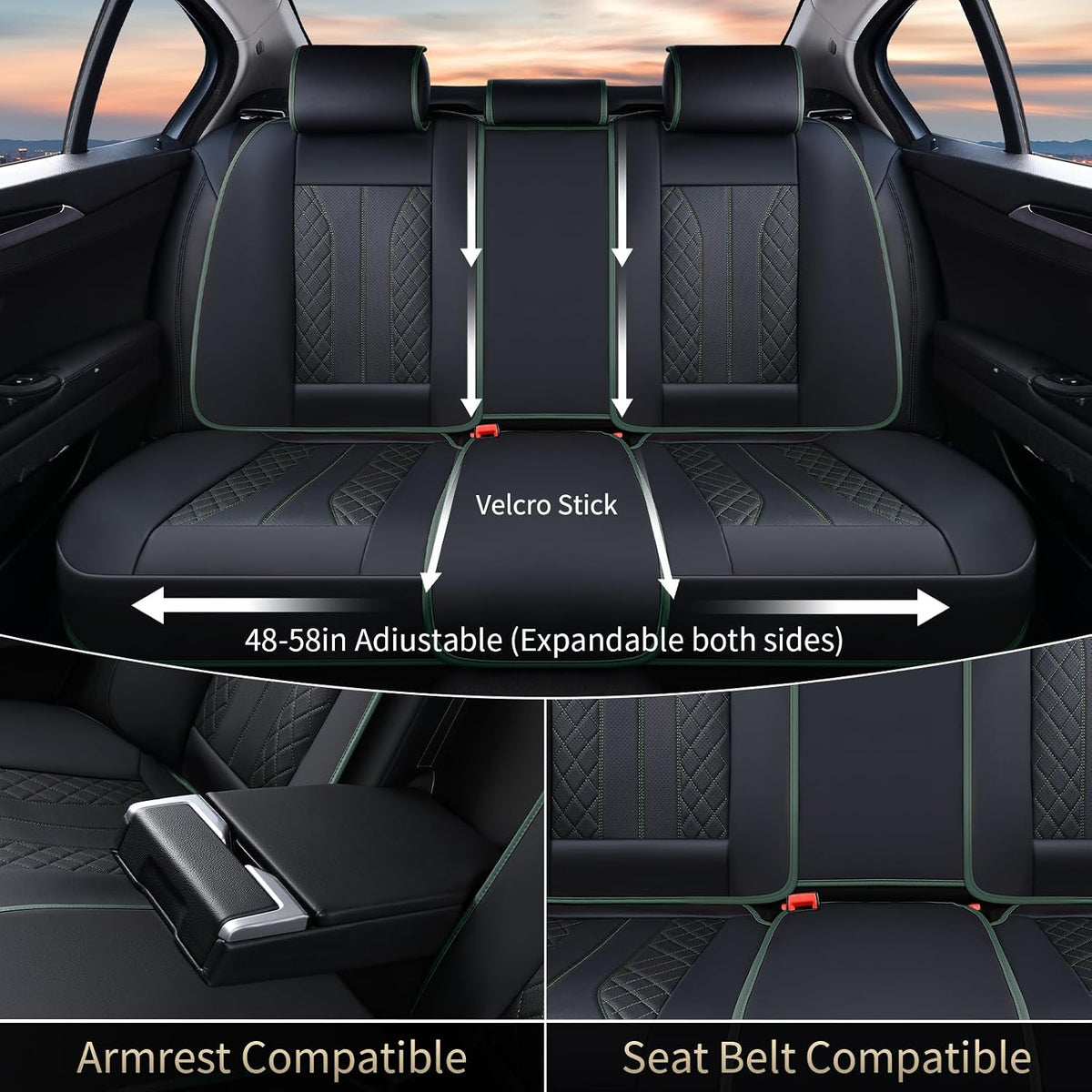 FLORICH Leather Seat Covers Full Set Automotive Car Seat Cover Front and Back Waterproof Auto Seat Covers Full Coverage Car Seat Protector Cushion Universal Fit for Most Cars SUV Trucks, Black&Green