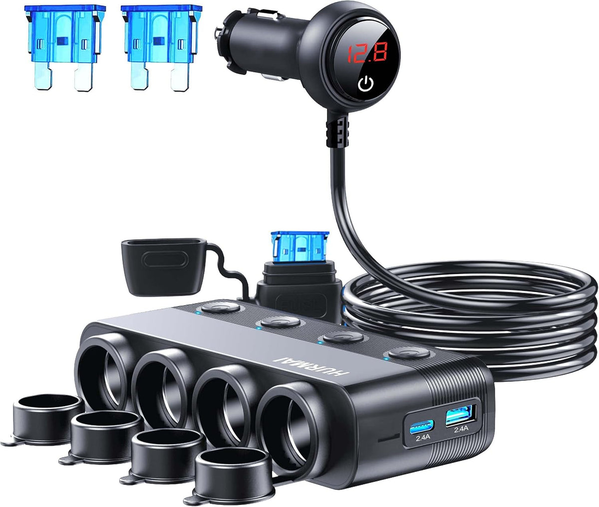 Cigarette Lighter Splitter 216W 4 Socket USB C Car Adapter for Truck SUV