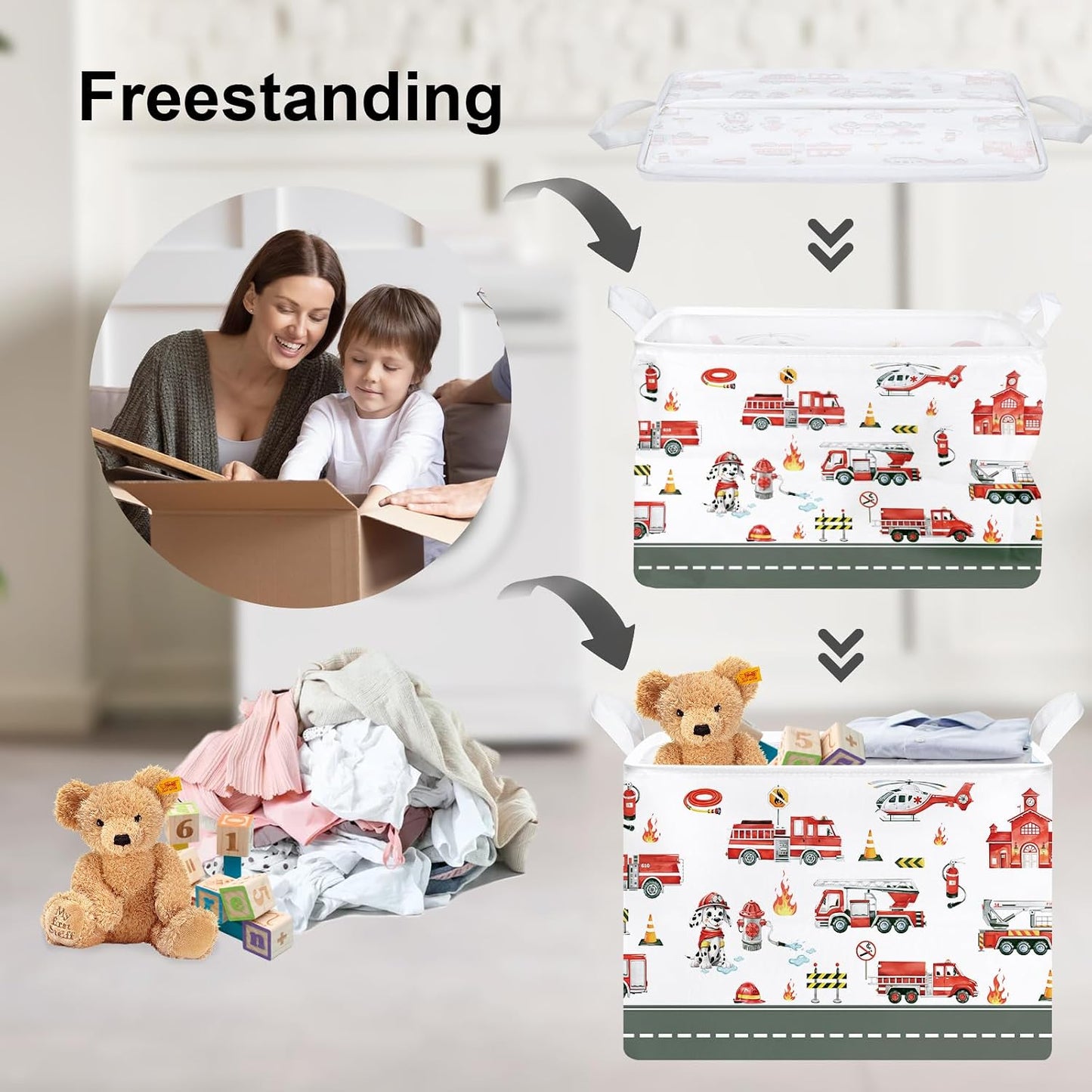 Clastyle Rectangle Large Red Fire Car Boy Gift Basket Collapsible Spotted Dog Engine Book Shelf Basket Toy Clothes Cube Storage Basket for Kids Room Nursery