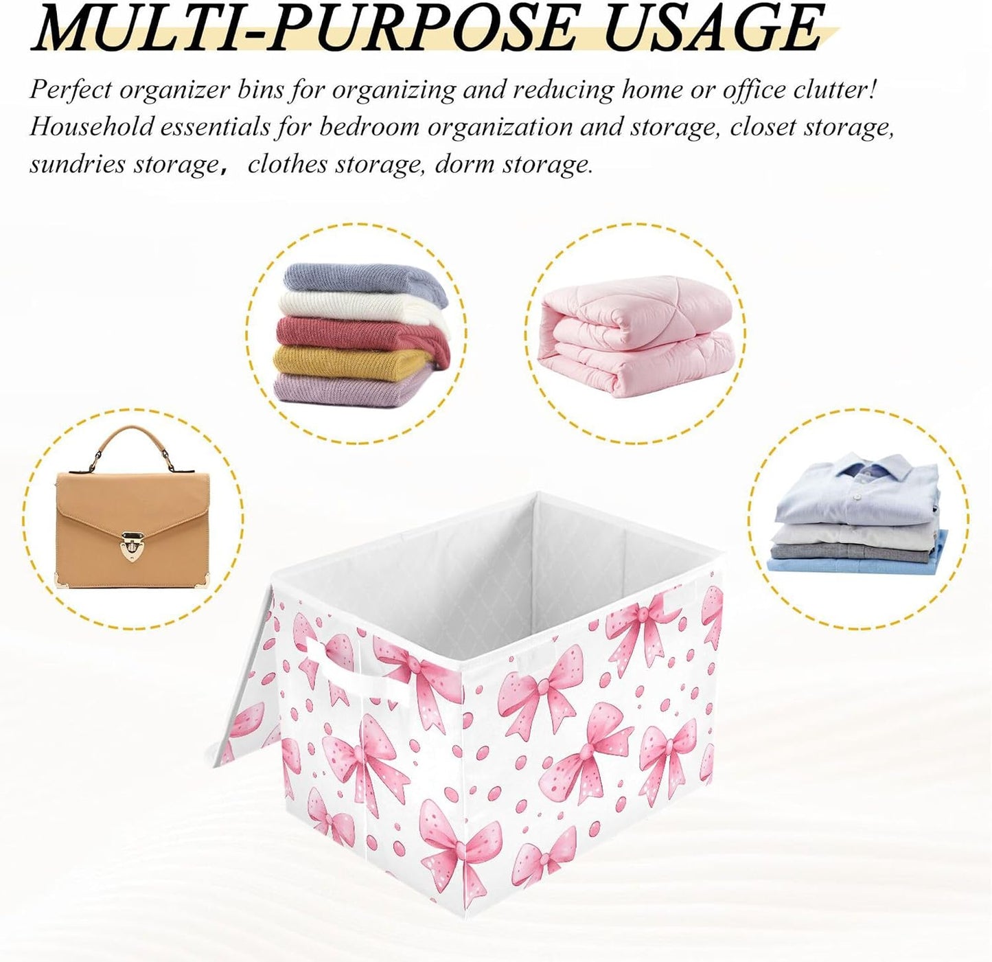 Bows and Polka Dots Storage Bins with Lids and Carrying Handle,Foldable Storage Boxes Organizer Containers Baskets Cube with Cover for Home Bedroom Closet Office