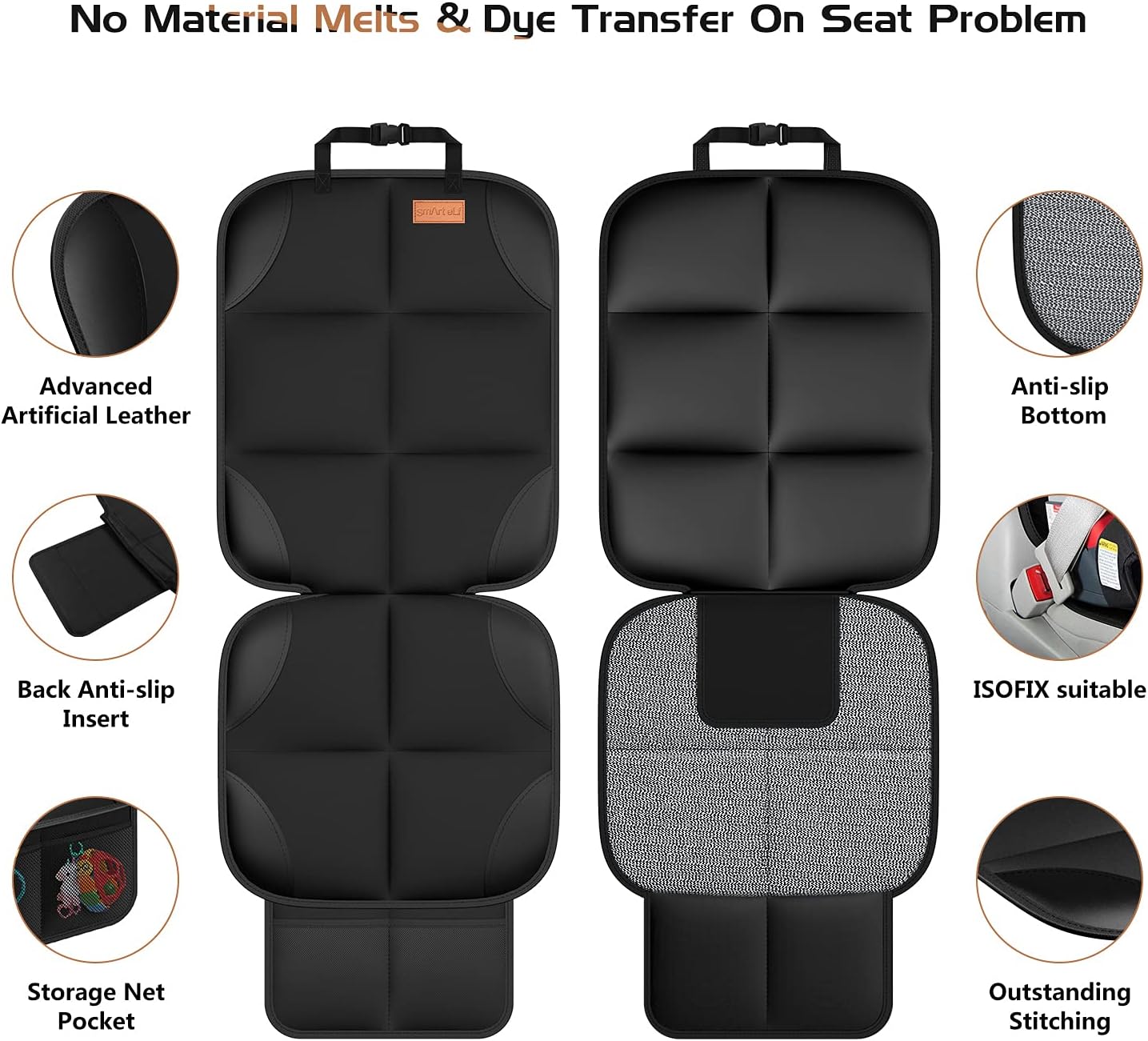 SMART ELF Non-Slip Backing Backseat Car Organizer Kick Mat with Storage Pockets, Large Waterproof Baby Car Seat Protector for Leather and Fabric (Black)