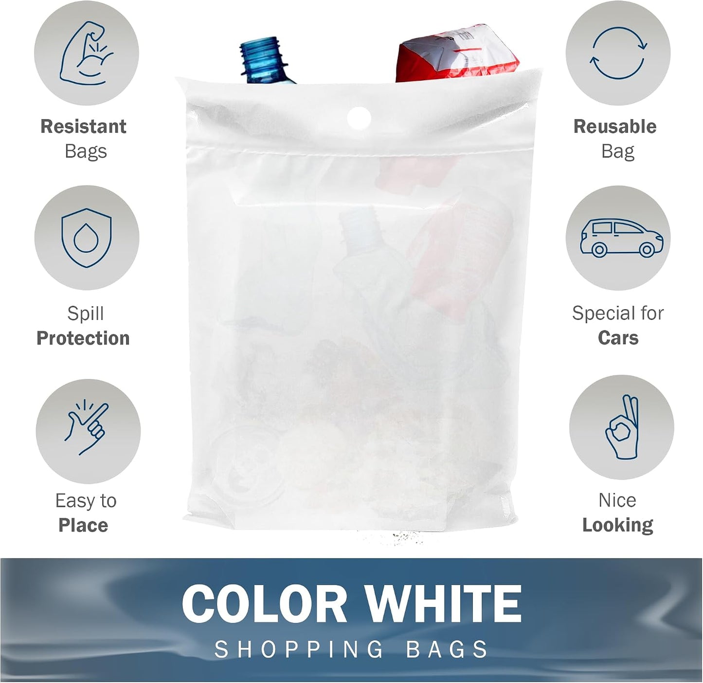 12x15 White Disposable Car Trash Bags, Leak-proof, Medium Size, 50 Pack, 2 Mil Thick, with Die-Cut Handles by PPB