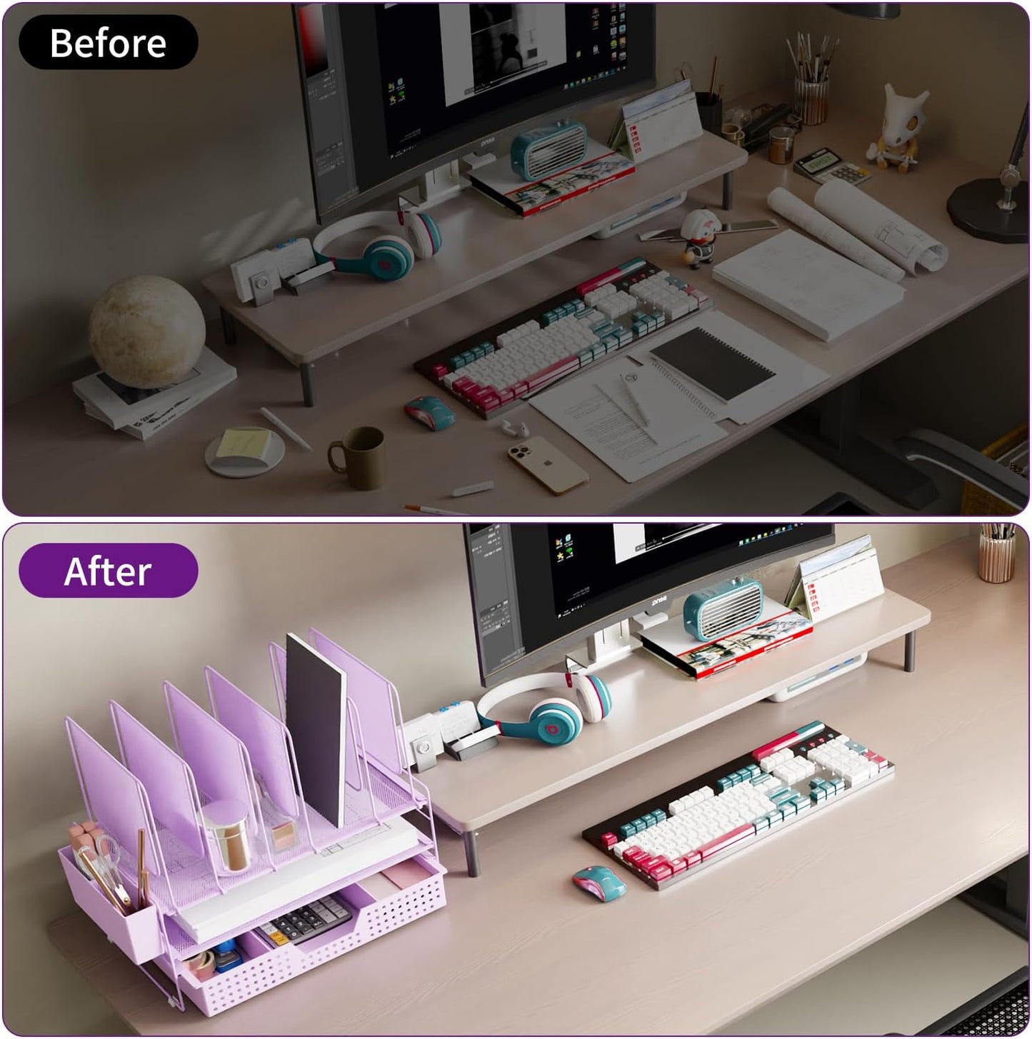 LEKETREE Desk Organizer, Office Organization with Vertical File Holder, File Organizer with Drawer and Pen Holder, Desk Accessories and Workspace Organizers for Home Office (Purple)