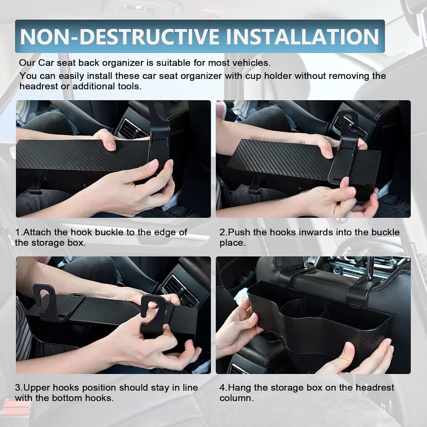 Backseat Car Organizer with Cup Holder - Multifunctional Back Seat Car Organizer with Two Seat Hooks, Fits Most Cars, Can Hold Snacks, Canned Drinks & Phones, Perfect for Travel
