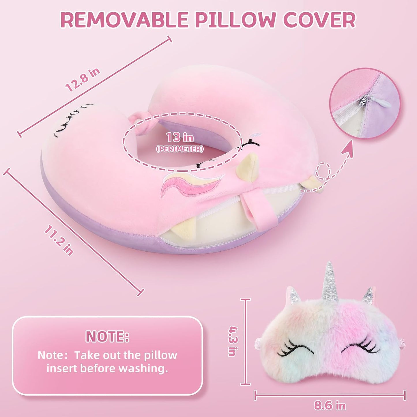 Kids Neck Pillow, Unicorn Kids Travel Neck Pillow for Traveling with Eye Mask, Toddler Travel Essentials for Road Trip Airplane Car Seat, Cute Headrest Memory Foam Pillows for Girl Gift (Pink)