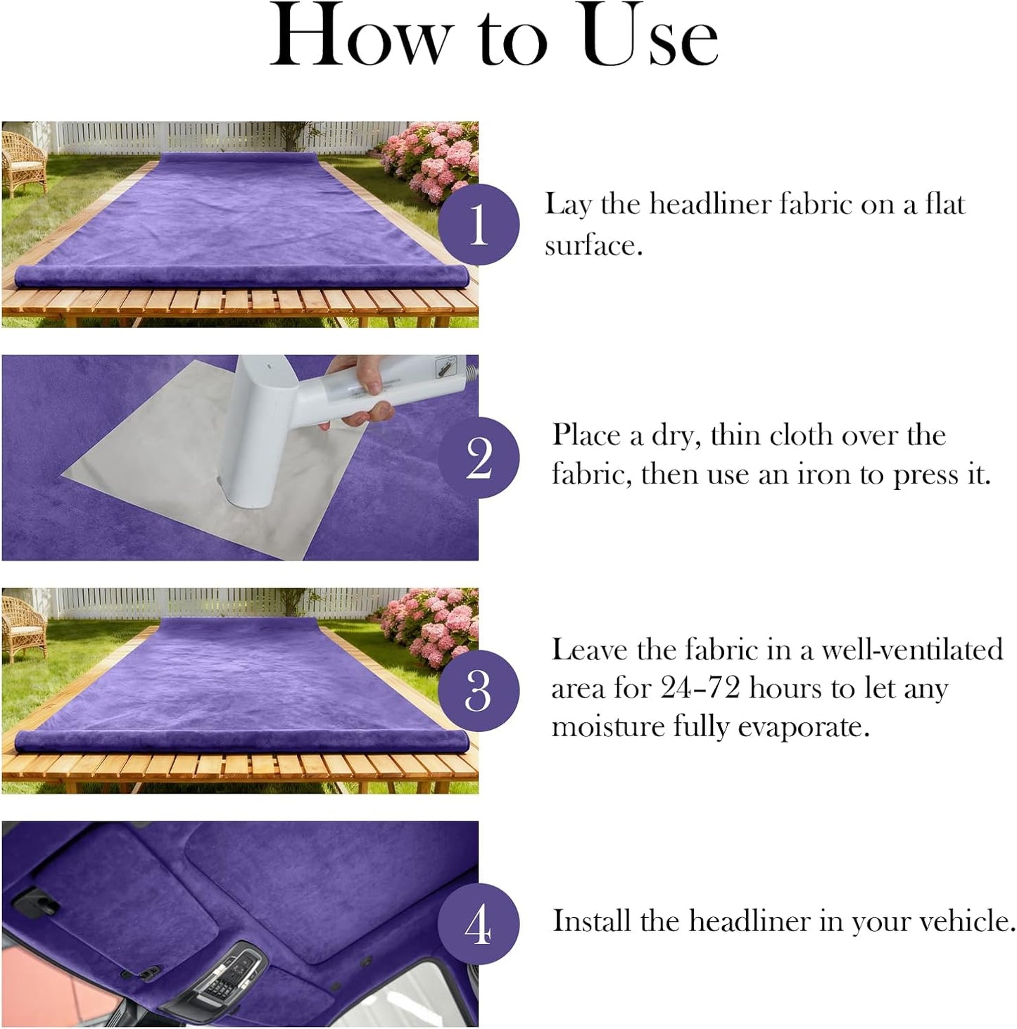 Purple Suede Headliner Fabric, 36" L×60" W Car Headliner Material, Tela para Tapizar Techo de Auto, Suede Wrap Car Interior with Foam Backing, Auto Roof Replacement Material for Truck