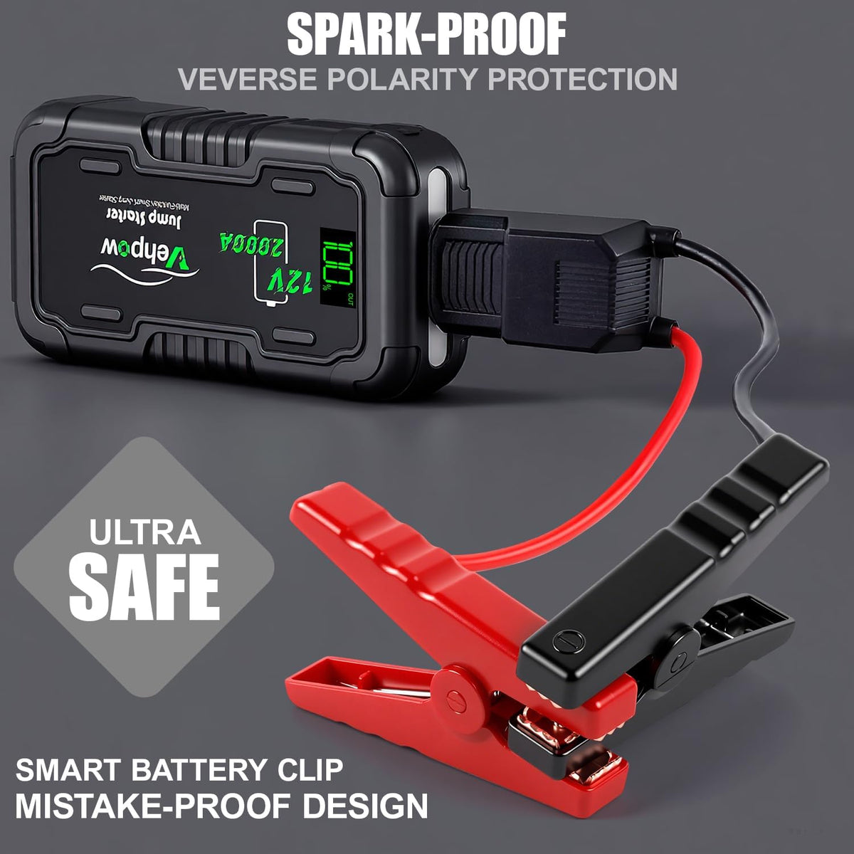 Car Battery Jump Starter 2000A 12V for 8.0L Gas and 6.0L Diesel Engines