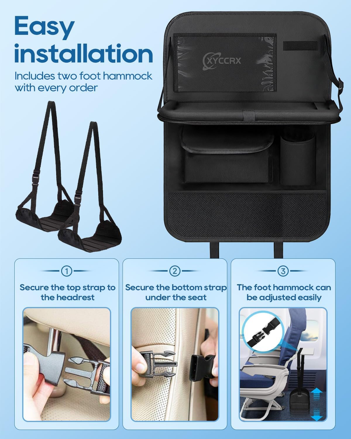 Backseat Car Organizer 4Pack with Table Tray Free Foot Hammock Car Seat Protector with Tablet Holder for Car, 7 Pockets Back Seat Organizer and Kick Mat for Kids Travel Accessories