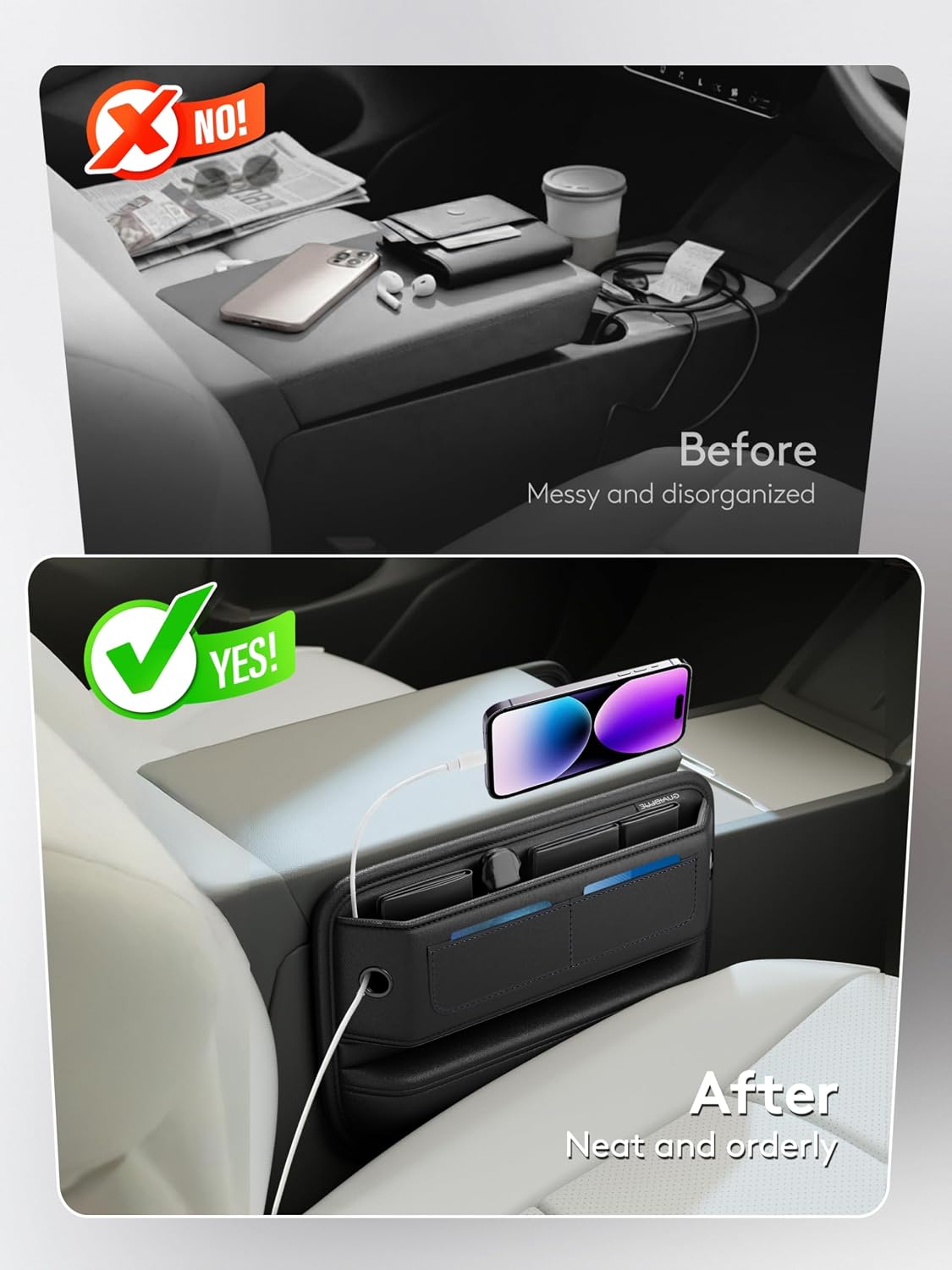 2 Pack Car Seat Gap Filler Organizer with Sun Visor Organizer, PU Leather Seat Gap Filler for Phone, Keys, Cards & Sunglasses, Front Seat Storage Side Pocket for Cars SUVs Trucks