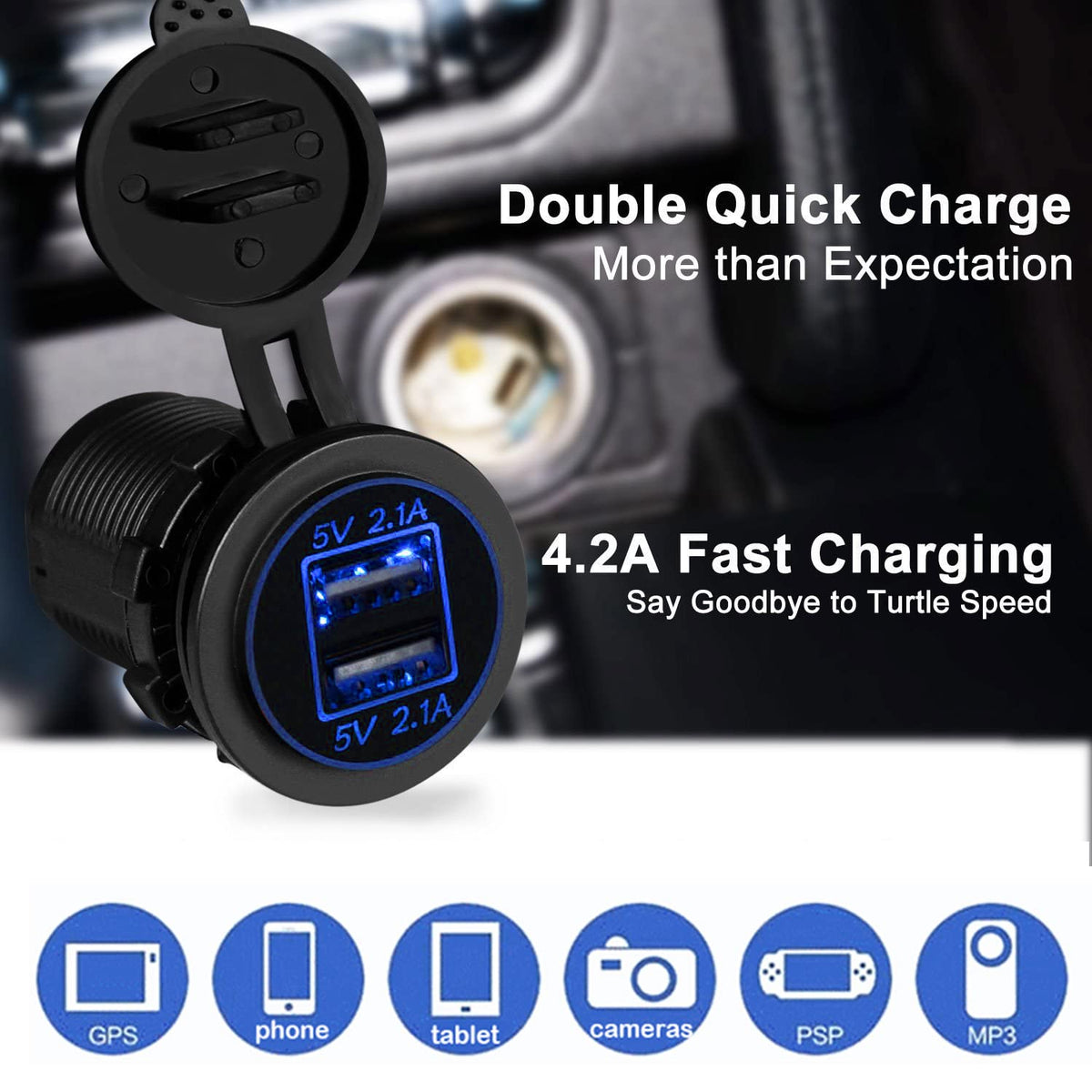 12V USB Outlet, Dual 2.1A Quick Charger Socket Waterproof for Car Boat
