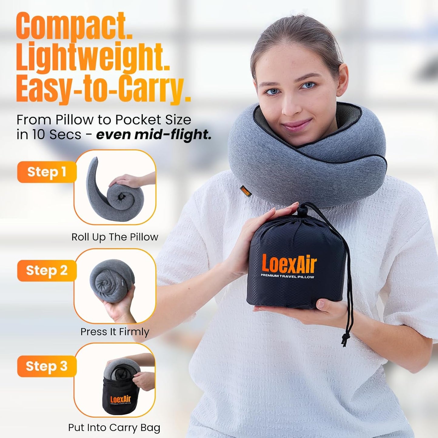 LOEXAIR™ Travel Pillow, Neck Pillow Travel for Airplane, Car - 100% Cotton Fabric & Memory Foam Plane Pillow, Lightweight & Easy-to-Carry on Flight, Full Travel Set (Eye Mask, Earplugs) - Light Grey