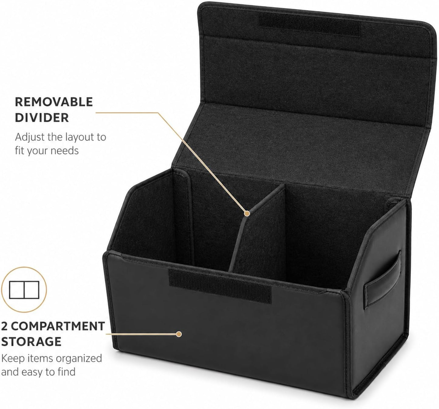 Car Trunk Organizer, Foldable Cargo Storage Box with Hook-and-Loop Lid, Suede & Faux Leather Trunk Organizer for SUV Sedan Truck, Adjustable Divider, Handles, Black, 19.7inches