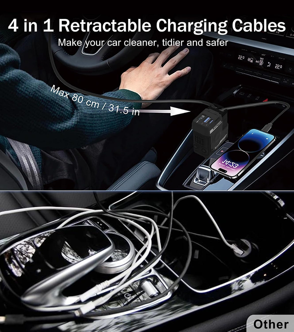 Retractable Car Charger, 4 in 1 66W Fast Charging USB C Car Charger