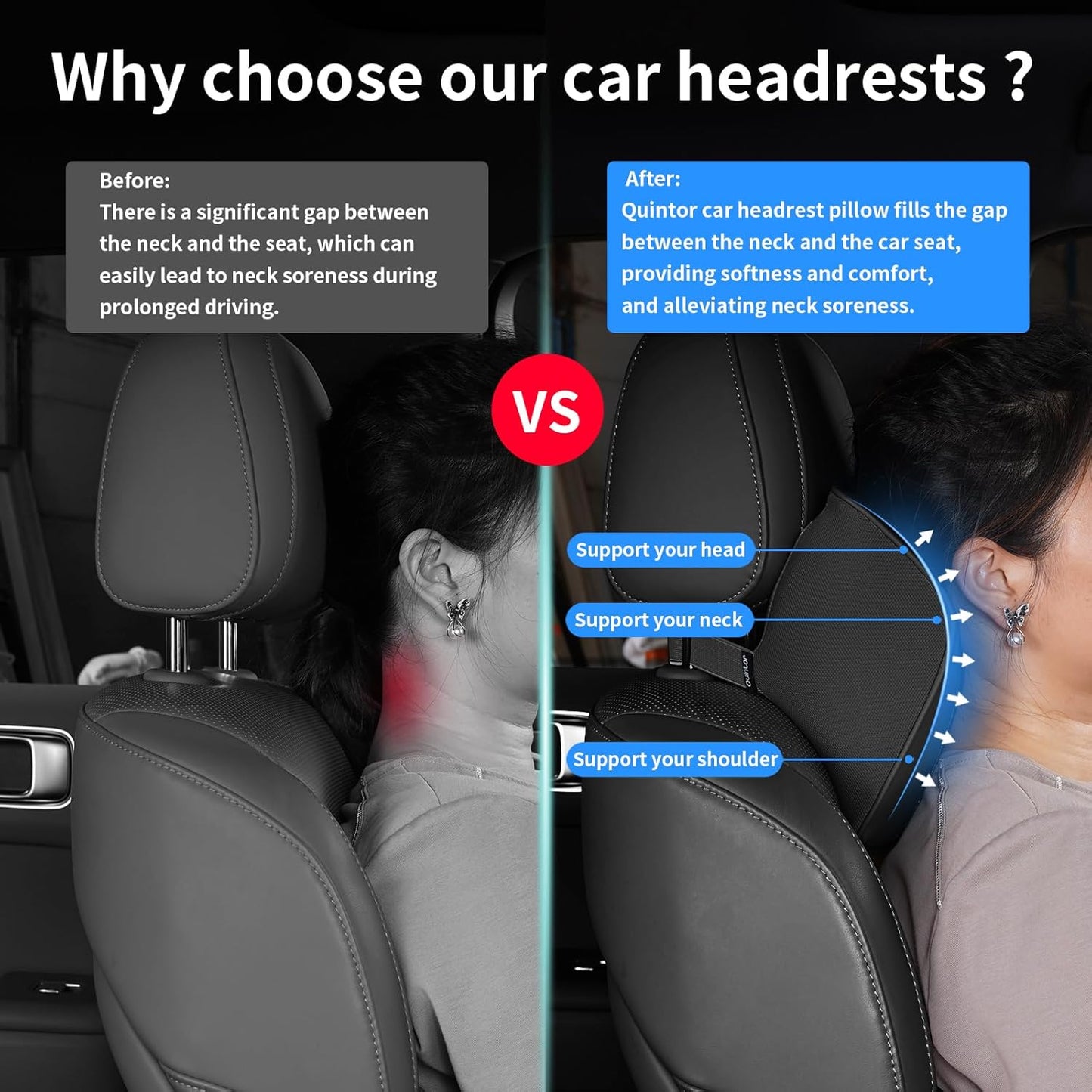 Quintor Genuine Leather Car Neck Pillow,Memory Foam Headrest Cushion, Ergonomic Cervical Support for Tesla Model 3/Y/X, Lexus, BMW- Breathable & All-Season Soft (2 PC)