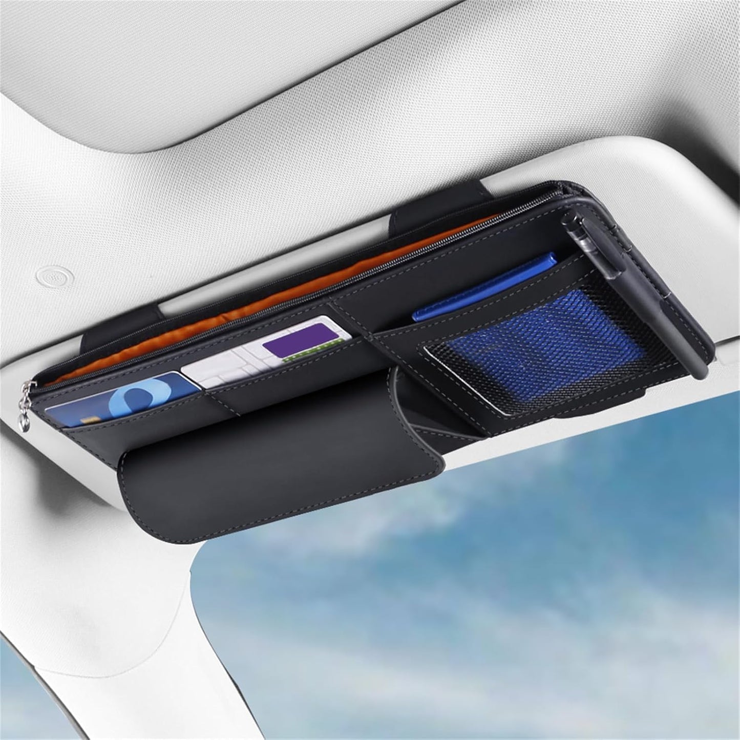Car Visor Organizer, Multi-Pocket Sunvisor Storage with Sunglass Holder, Document Holder and Visor Card Clip, Fit for AUTO SUV & Truck, Leather Car Accessories Interior (Black)