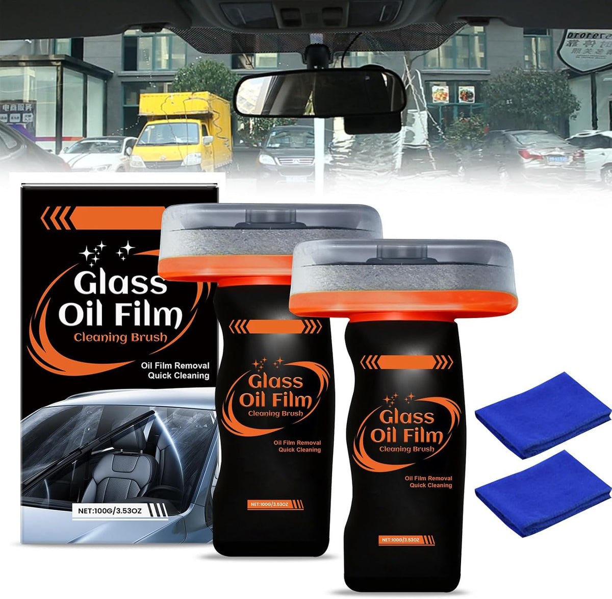 2PCS Windshield Cleaner & Glass Oil Film Remover,100ml Car Glass Cleaner with Brush,Removes Oil,Grease & Fog,Wiper Residue, Anti-Fog Glass Emulsion Cleaner for Clear Driving Visibility