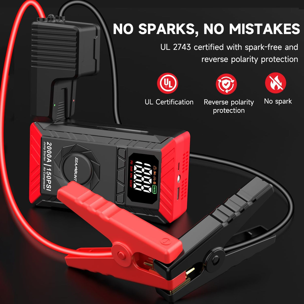 10-in-1 UltraSafe Jump Starter with Air Compressor, Portable Car Jump Box with LED Flashlight,Portable Tire Inflator, Jump Box, 60Wh Power Bank & Jumper Cables for 6.0L Gas/3.0L Diesel Engines