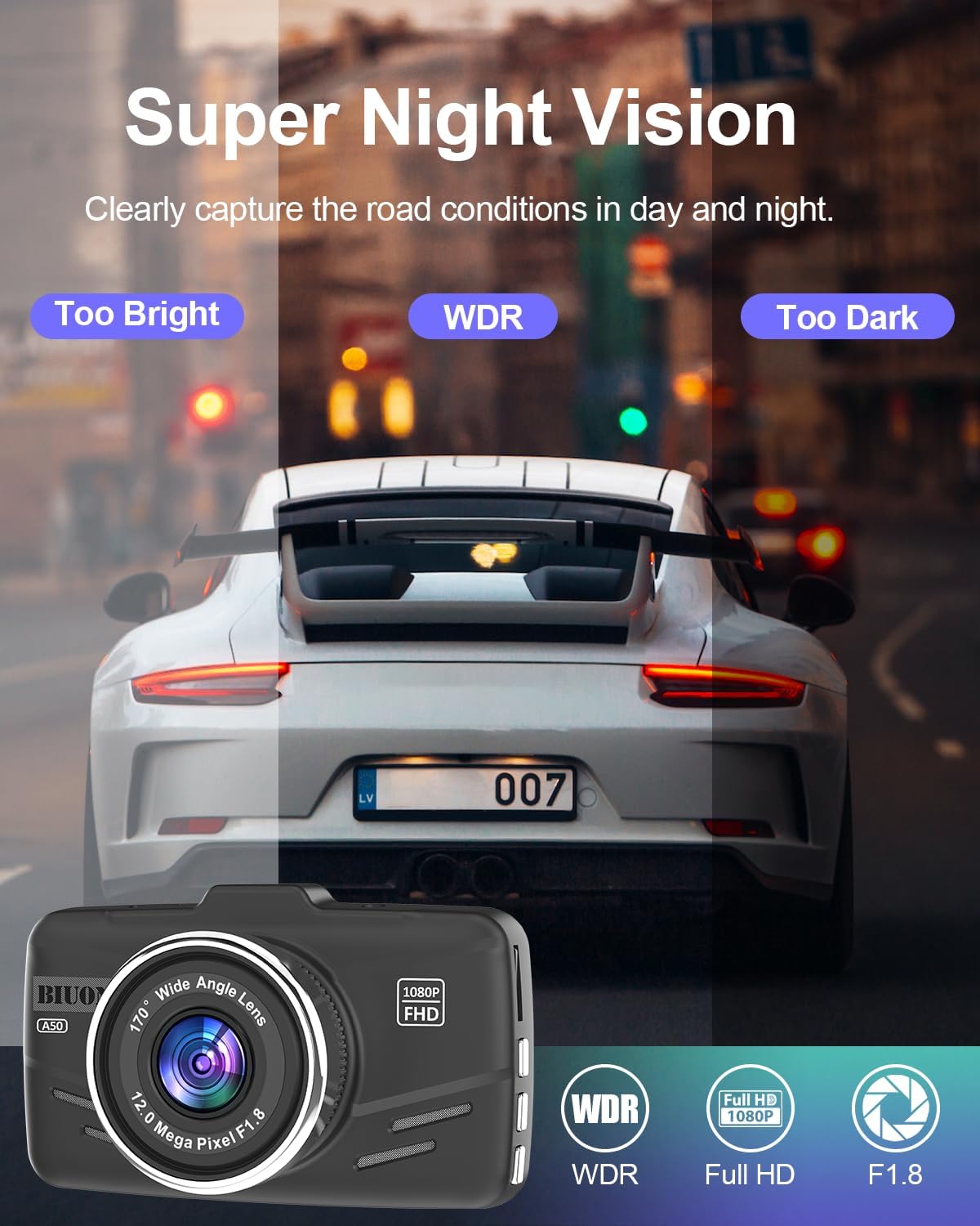 Dash Cam Front and Rear, 1080P Car Camera W/ 32GB Card