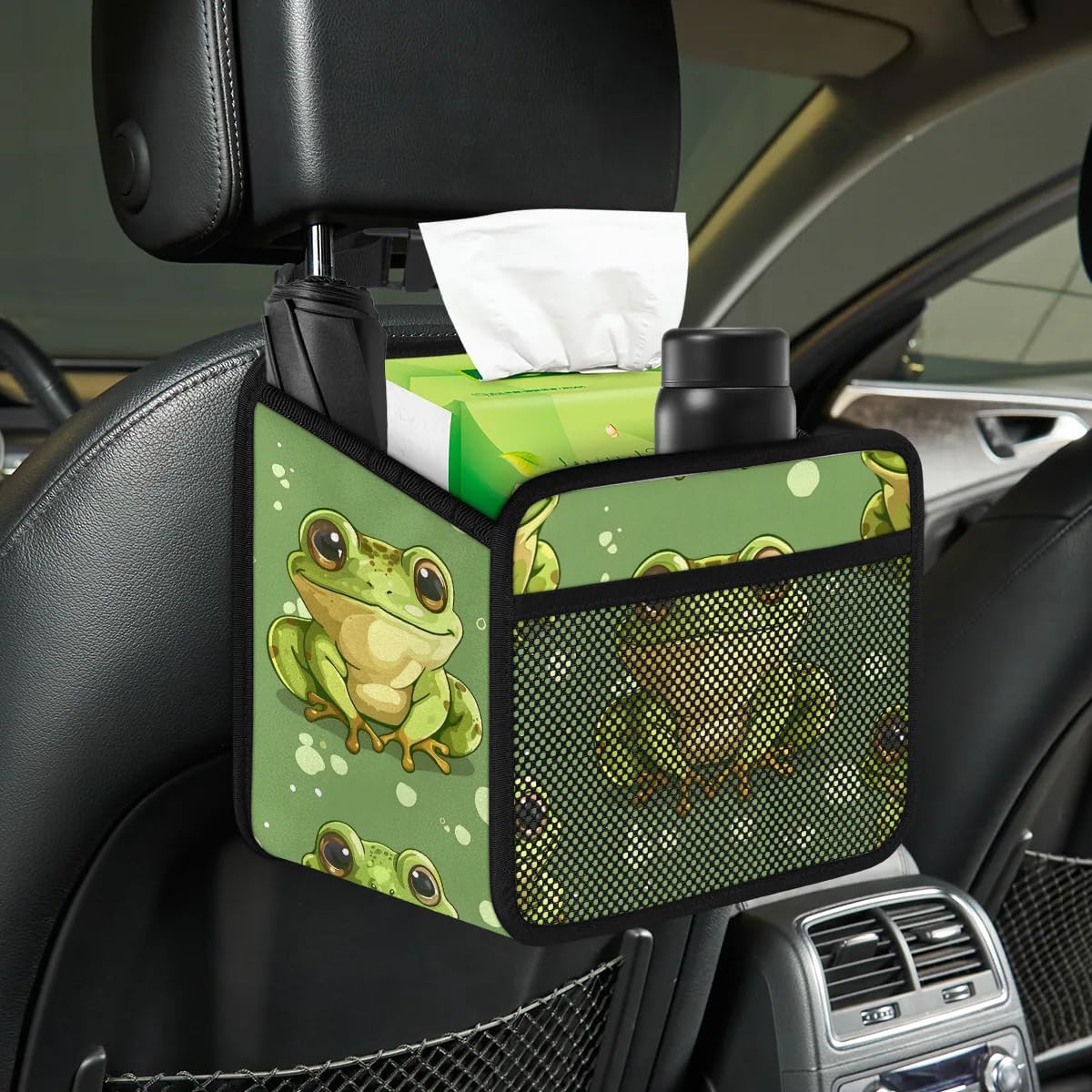 Car Backseat Organizer, PU Leather Back of Seat Cars Hanging Organizer with Pockets Leakproof Car Garbage Bag Hanging Cars Seat Storage Box Travel Accessories Foldable (Green Frog)