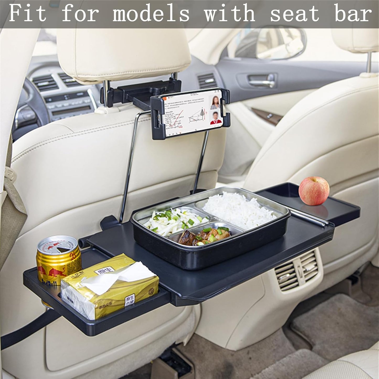 HZGAMER 2-in-1 Large Car Steering Wheel Tray & Backseat Headrest Table, Adjustable Laptop Desk with Phone Holder and Extendable Side Trays for Eating, Writing, SUVs and Trucks, Black