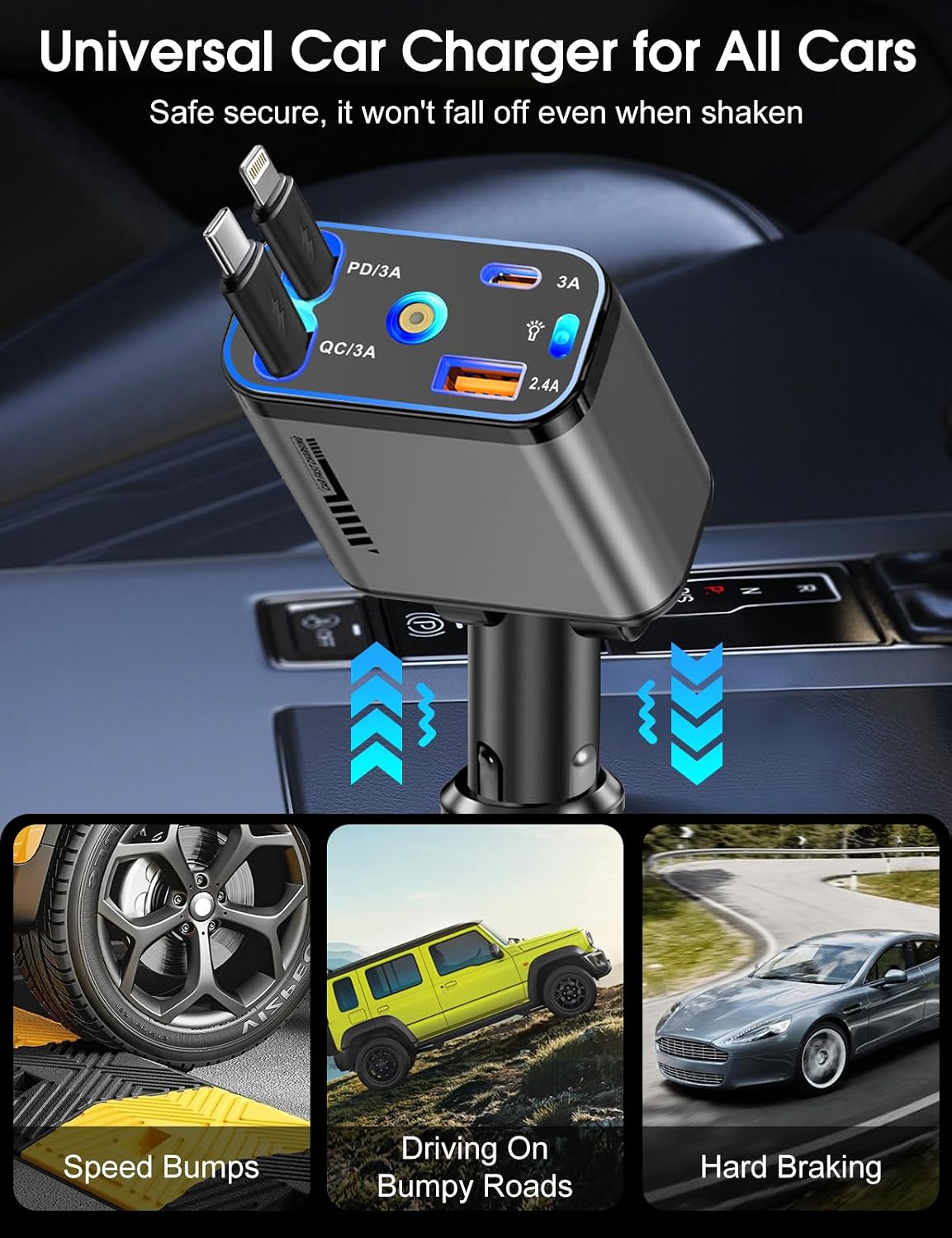 Retractable Car Charger 120W Fast Charging with Starlight,4 in 1 Universal Car Phone Charger,Built-in Type-C & Applehead Cable,Car Road Trip Retractable Accessory for iPhone,IPad,Samsung Galaxy,Pixel