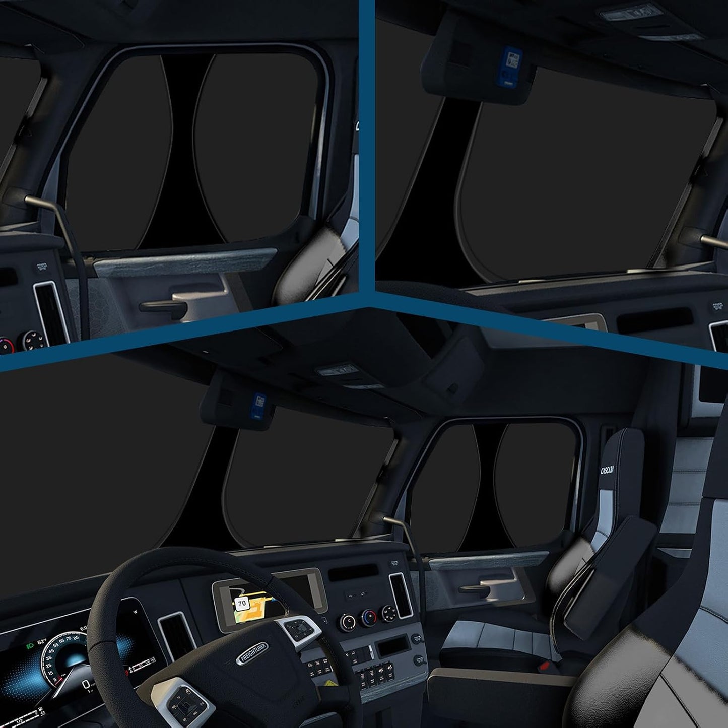 6 Layers Semi Truck Window Shades Custom Fit 2018-2025 Freightliner Cascadia, 3 Set Front Windshield and Side Windows Foldable Sun Protector Privacy Cover