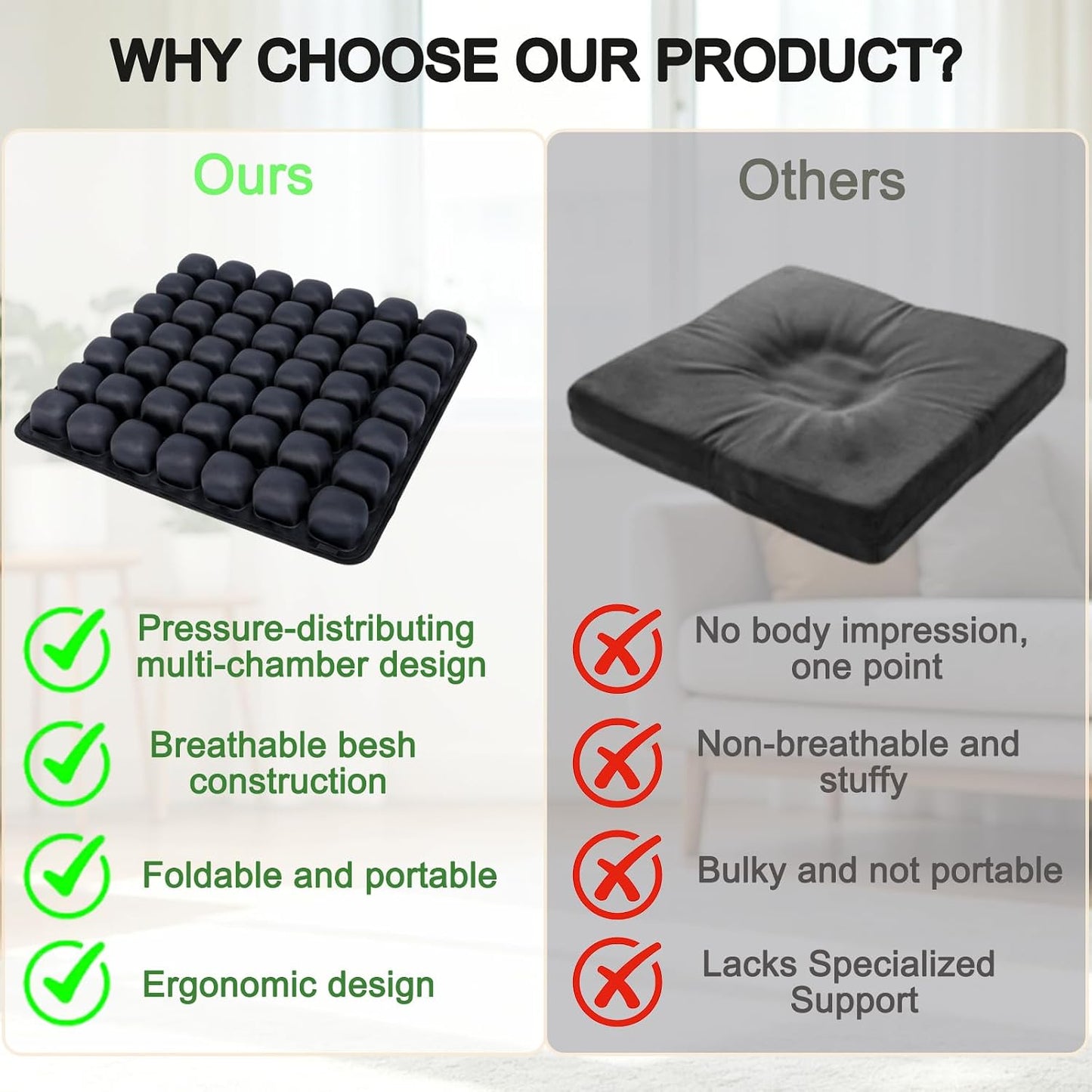 Inflatable Airplane Seat Cushion for Long Flights, 3D Airbag Pressure Relief Cushion, No Pump Needed, Portable Press Inflate Pad with Storage Bag for Office, Car, Stadium & Wheelchair