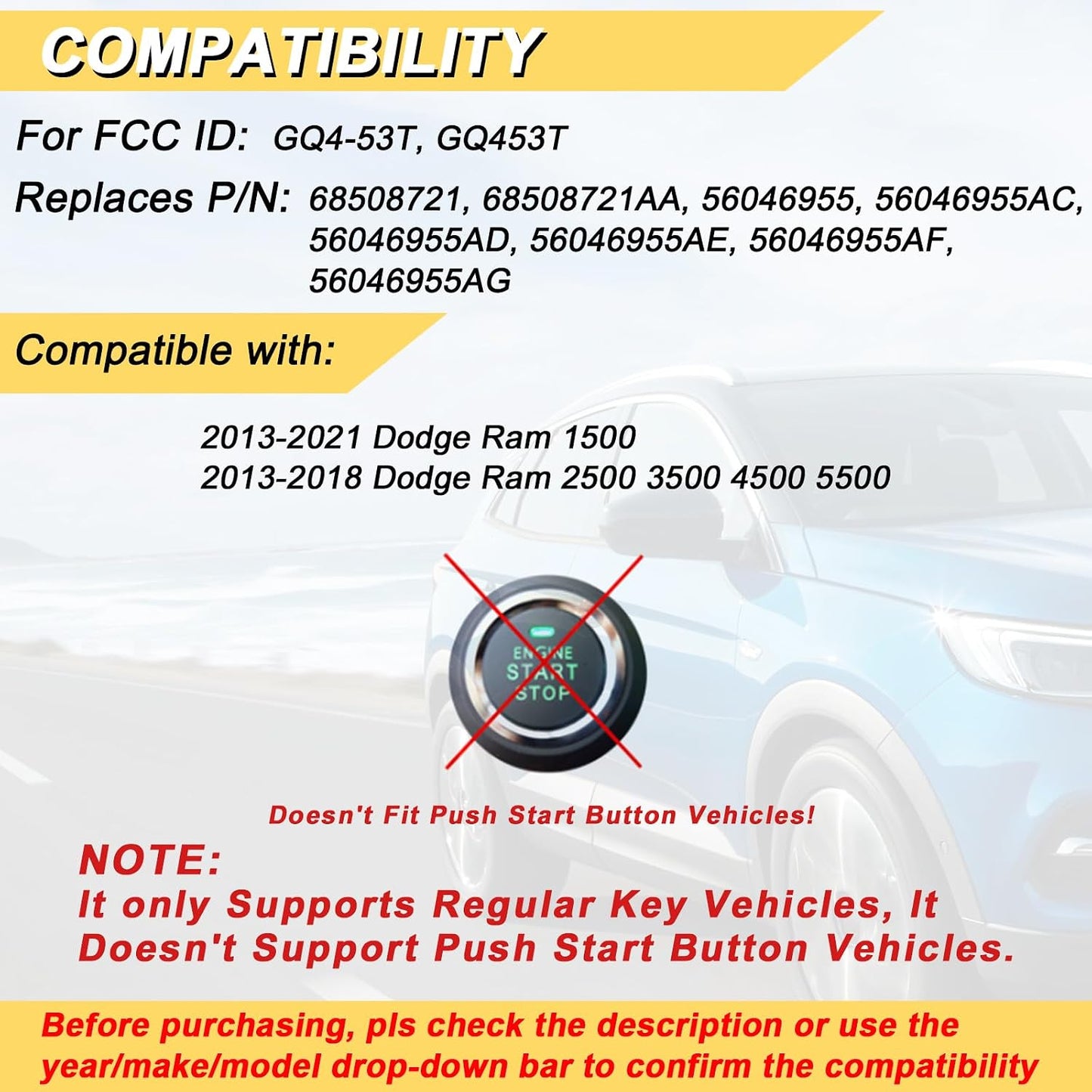 Vurkcy Key Fob Replacement for 2013-2021 Dodge Ram 1500/13-18 Ram 2500 3500 4500 5500 Car Keyless Entry Remote Control,GQ4-53T,4 Buttons,2Pcs