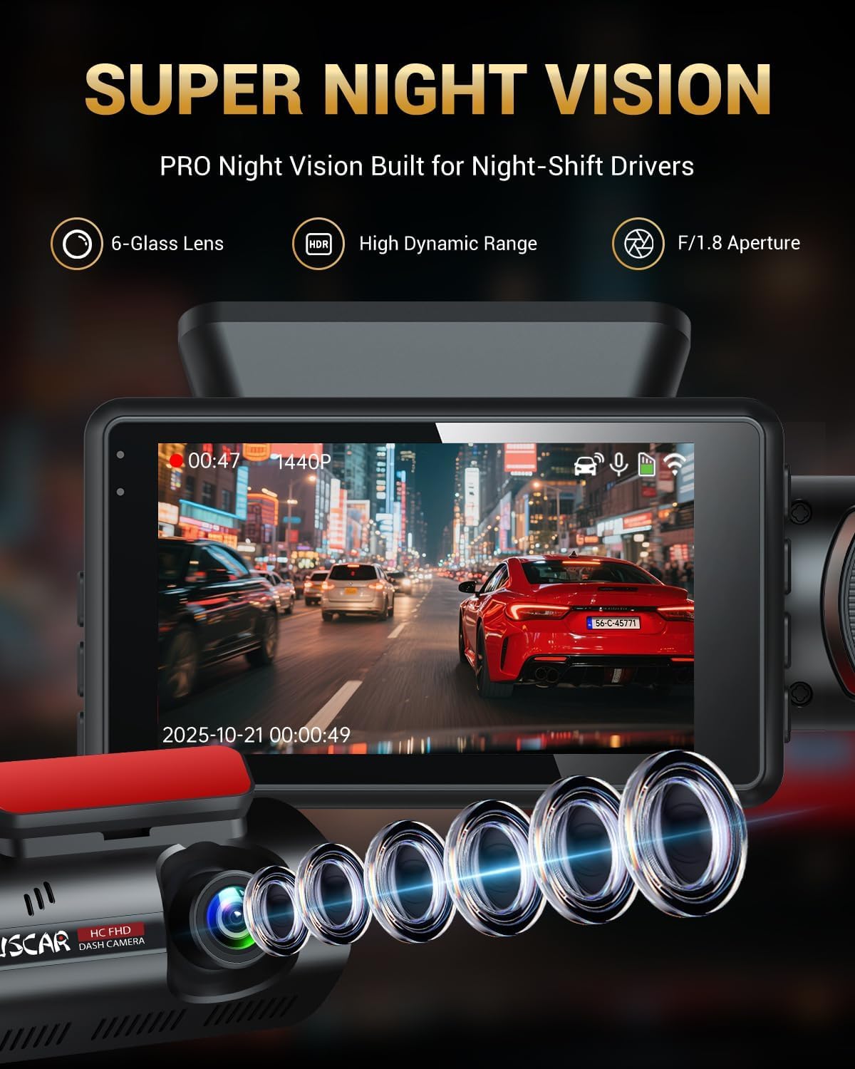 2.5K+1K Dual Dash Cam Front and Inside with GPS WiFi, 32GB Card, 24Hr Park