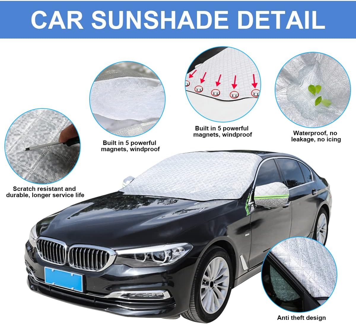 8sanlione Car Windshield Snow Cover with Side Mirror Cover, 4 Layers Winter Frost Protection for Any Weather, Windscreen Covers with Magnetic Edges, Front Window Automotive Covers for Car SUV Trucks