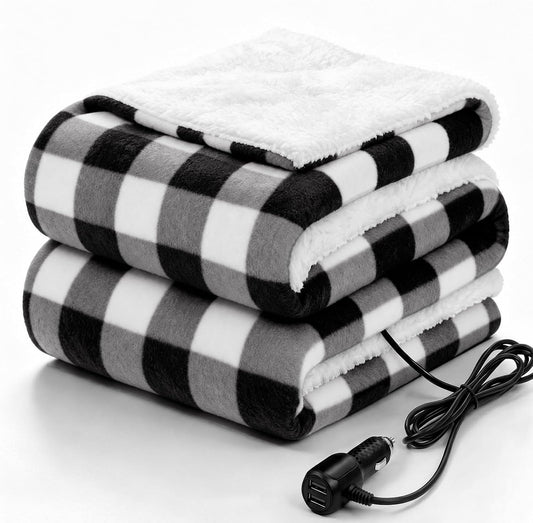 Sealy 12-Volt Heated Car Blanket, 2 USB Output Ports, 59"x43", Black Plaid