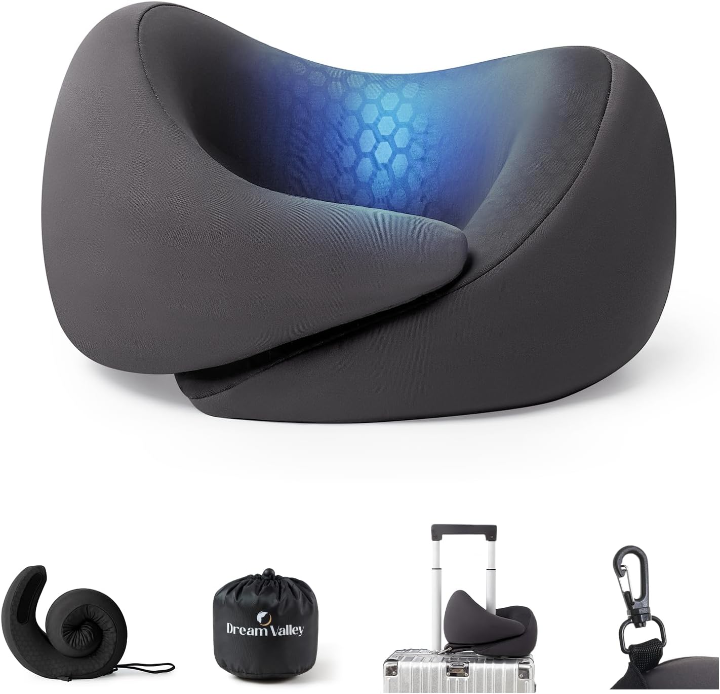 Dream Valley® Neck Travel Pillow, Memory Foam Travel Pillow for Airplane, Portable Roll-Up Neck Pillow with Cooling Inner Fabric, 360° Ergonomic Support, No Head Bobbing, Charcoal Gray