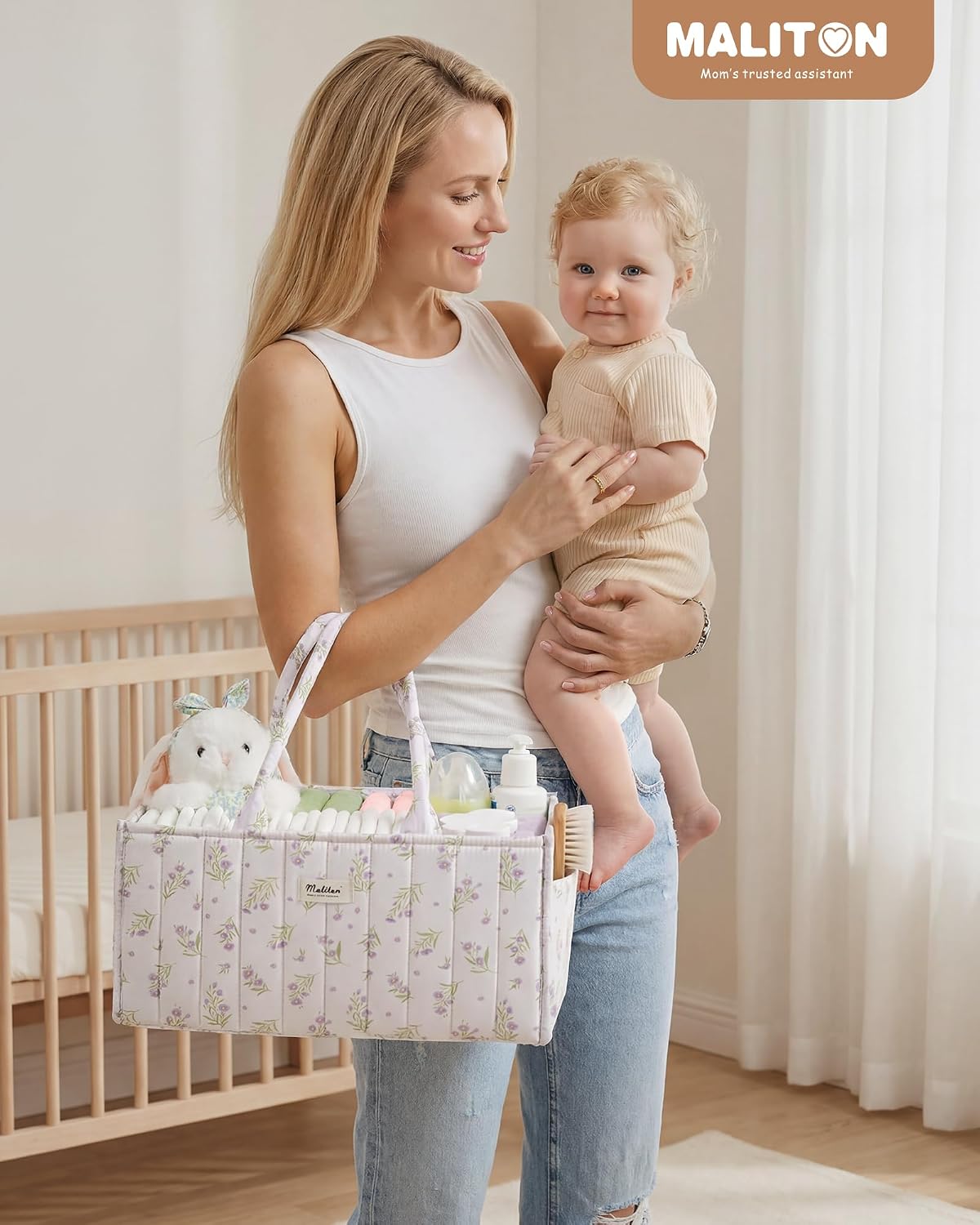 Maliton Diaper Caddy Organizer with 2 Side Pockets, Portable, Purple Floral | with Handle and Removable Dividers, Nursery Storage Basket, Car Organizer for Diapers & Wipes. Boy & Girl Shower Gift