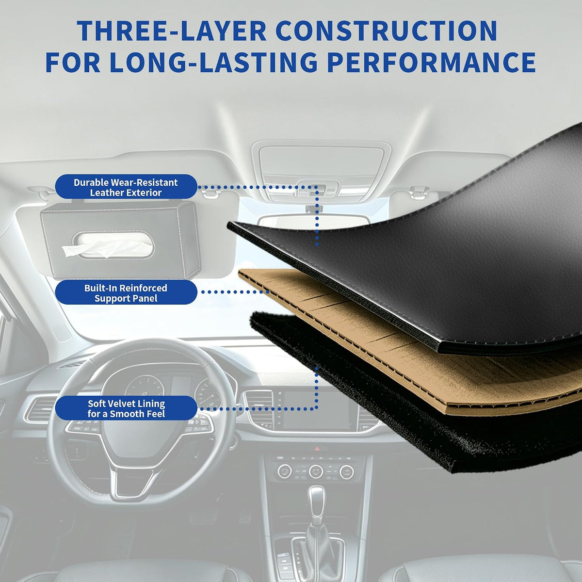 Car PU Leather Clip On Visor Tissue Holder with Mirror Storage Black