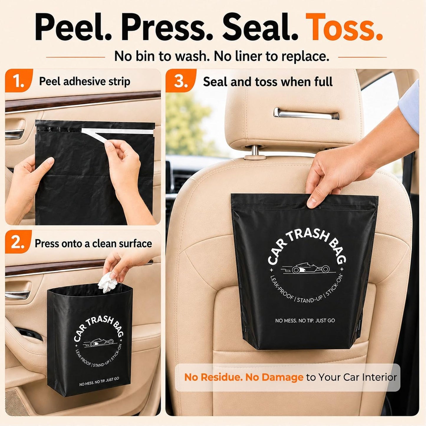 COZILO Disposable Car Trash Bags, 60 Count Stand-Up & Stick-On Car Garbage Bags, 2 Gallon Leakproof Odor Seal Heavy Duty Car Trash Can Alternative for Car SUV Truck