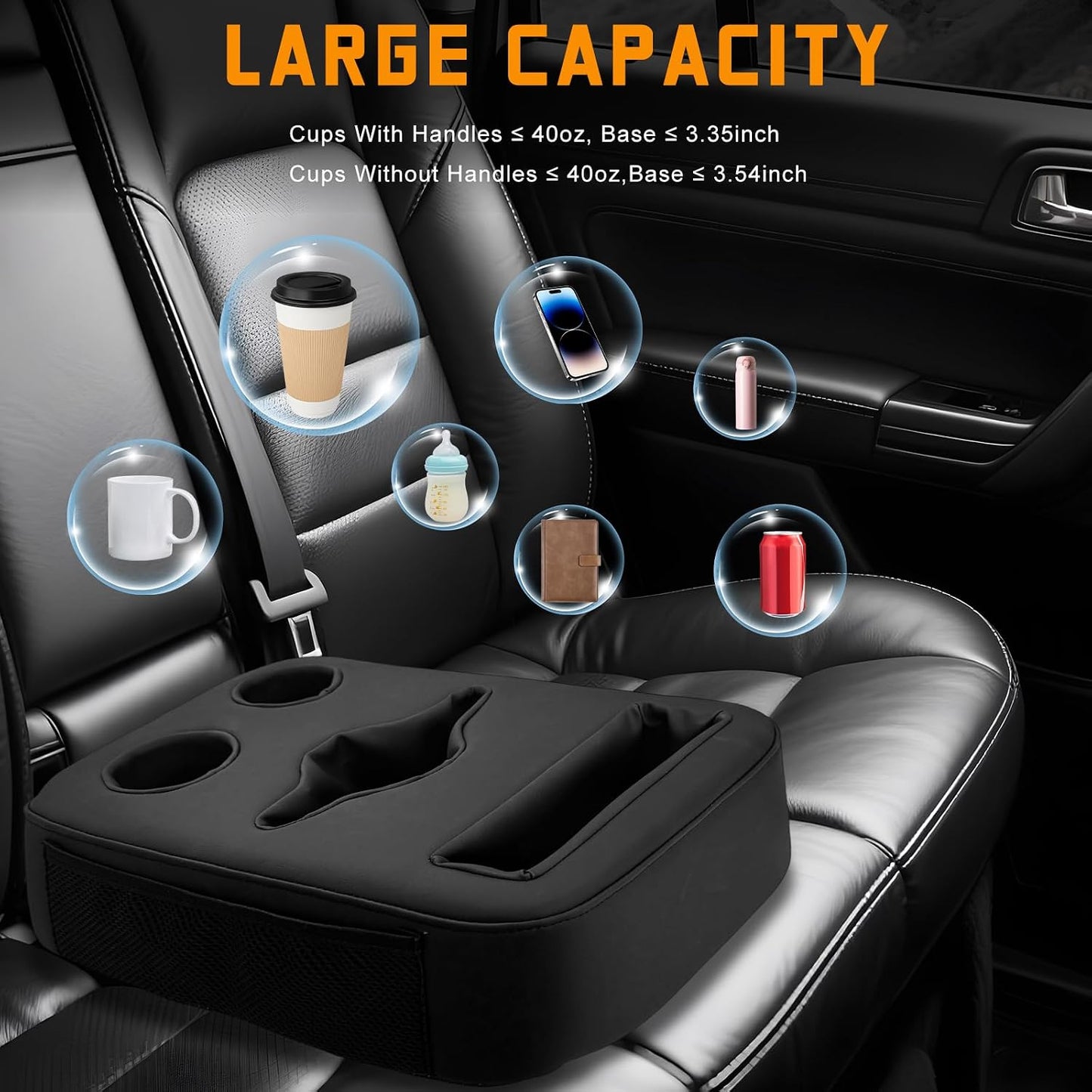 Car Cup Holder, Waterproof Leather Back Seat Drink Holder Expander Tray with Handle, Multifunctional Rear Seat Couch Cup Organizer for Sedans RVs Boats, Car Accessories
